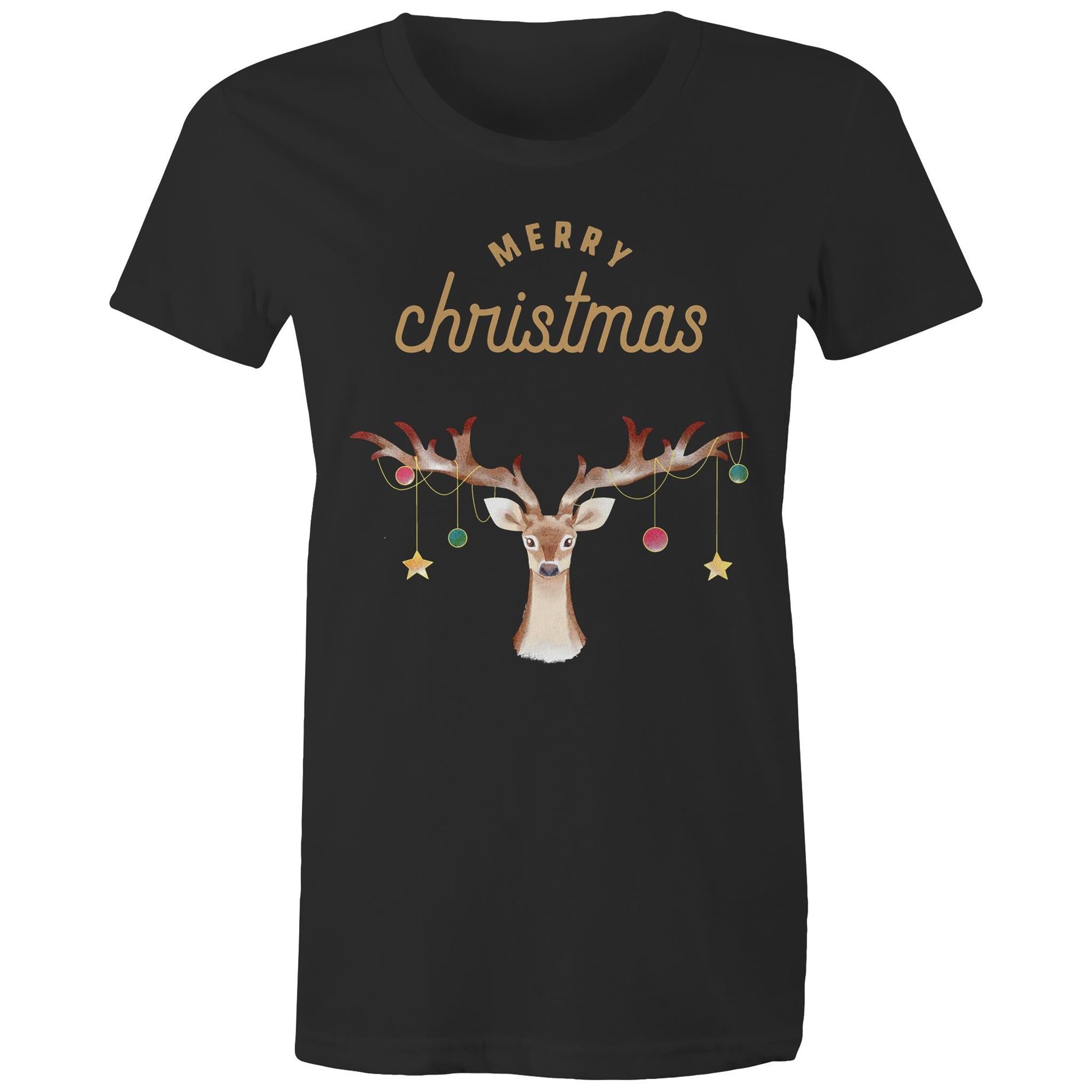 Merry Christmas Reindeer - Womens T-shirt Black Womens Christmas T-shirt Christmas Printed In Australia