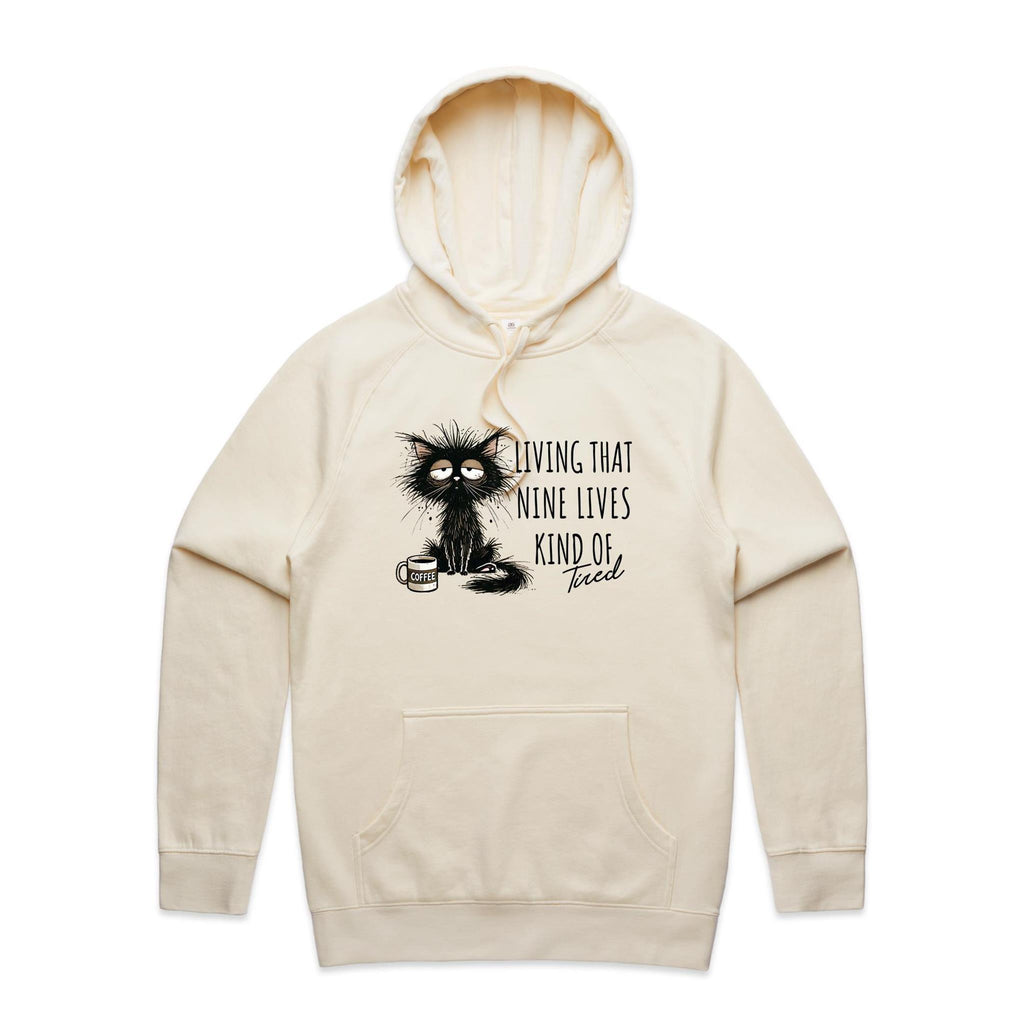 Living That Nine Lives Kind Of Tired, Frazzled Cat - Mens Hoodie Ecru Mens Hoodie animal Coffee Printed In Australia