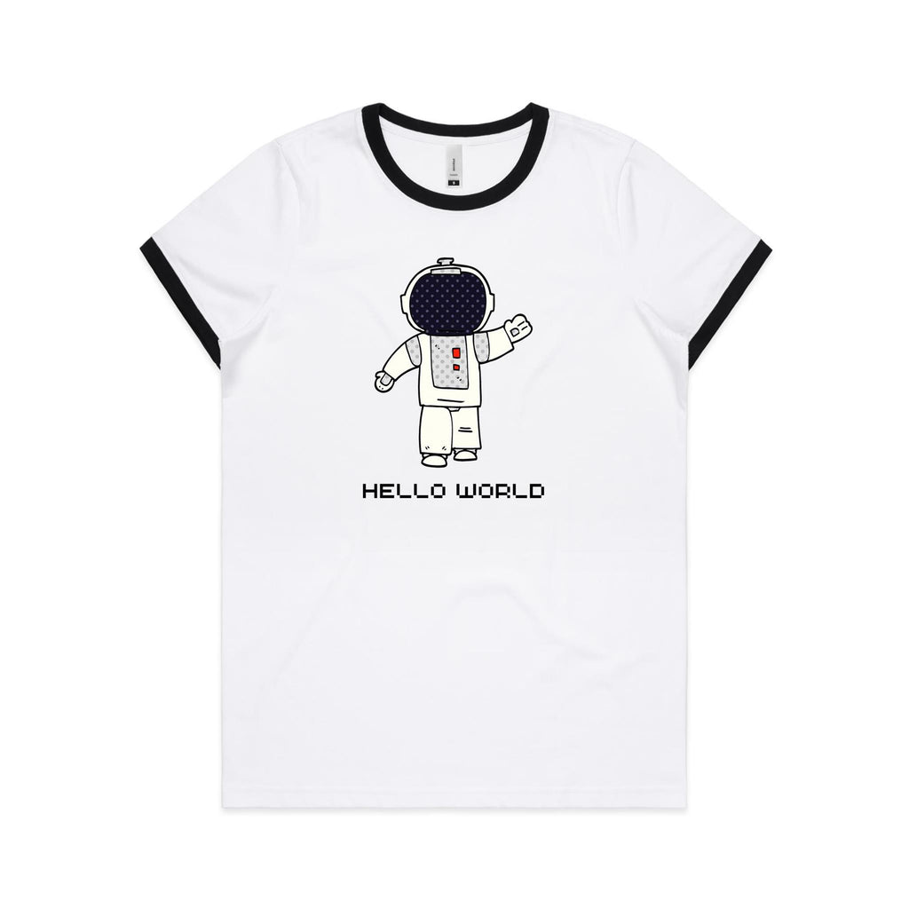 Astronaut, Hello World - Women's Ringer Tee White Black Womens Ringer T-shirt Printed In Australia Space
