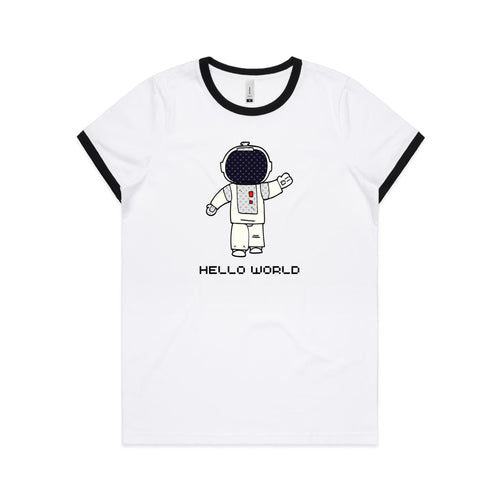 Astronaut, Hello World - Women's Ringer Tee White Black Womens Ringer T-shirt Printed In Australia Space