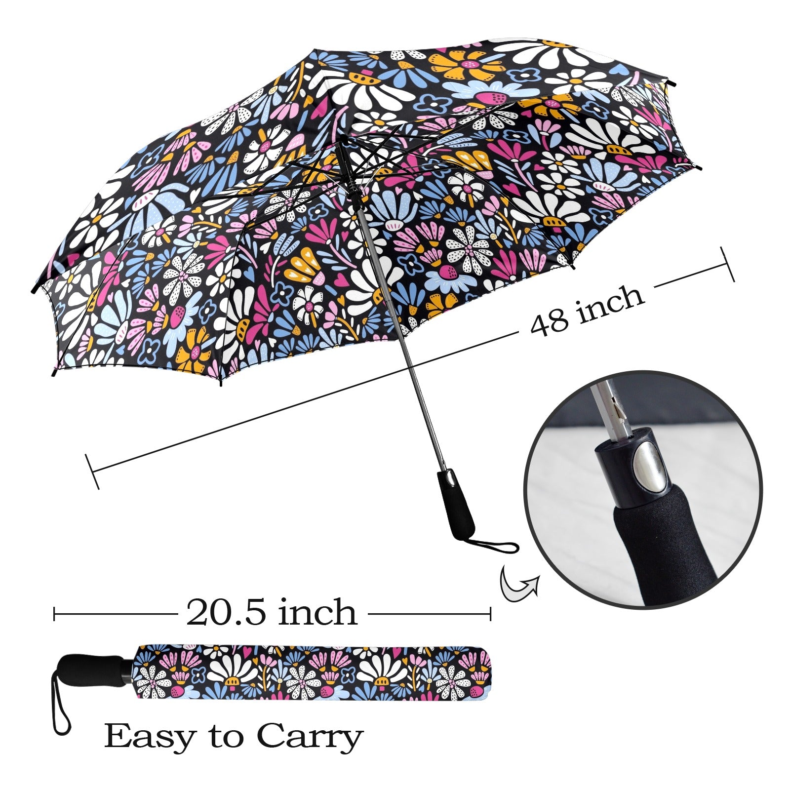 Graphic Flowers On Black Umbrella Umbrella Plants Printed Offshore