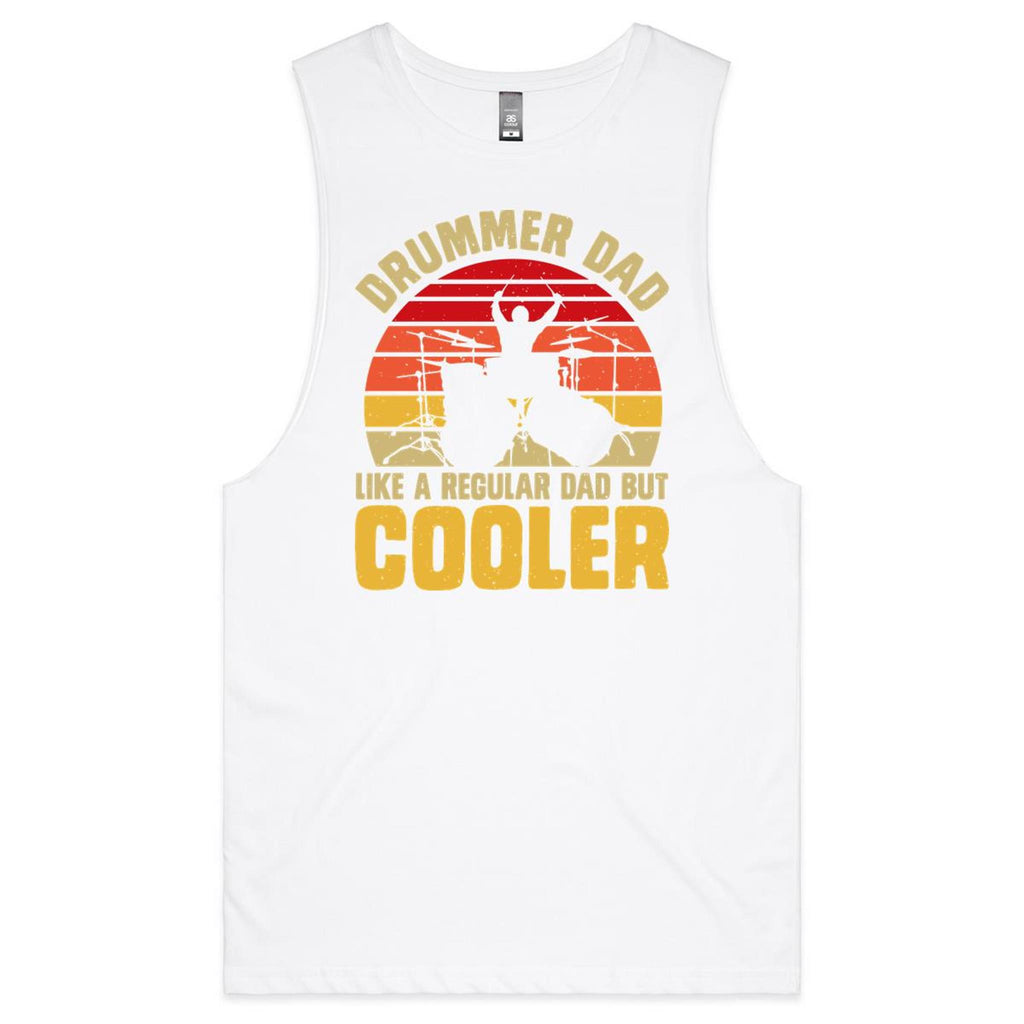 Drummer Dad, Like A Regular Dad But Cooler Mens Men's AS Colour Drop Arm Tank Top White Drop Arm Tank Top Dad Music Printed In Australia