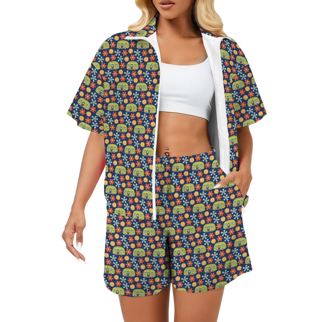 Hippie Caravan Women's Windbreaker Short Set 2XL Women's Windbreaker Short Set Printed Offshore Retro