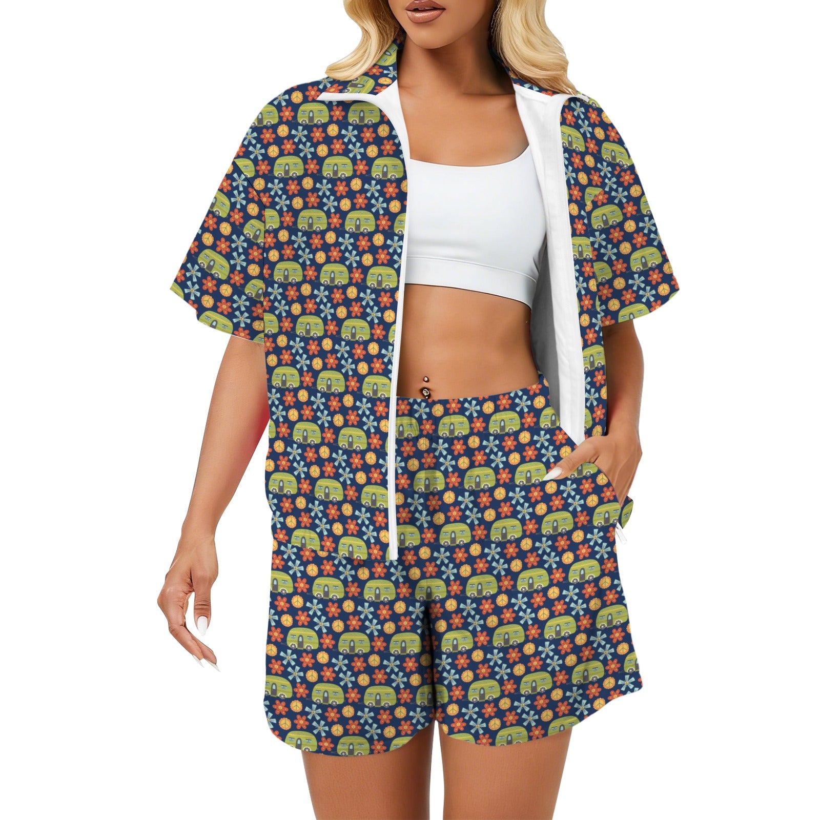 Hippie Caravan Women's Windbreaker Short Set 2XL Women's Windbreaker Short Set Printed Offshore Retro