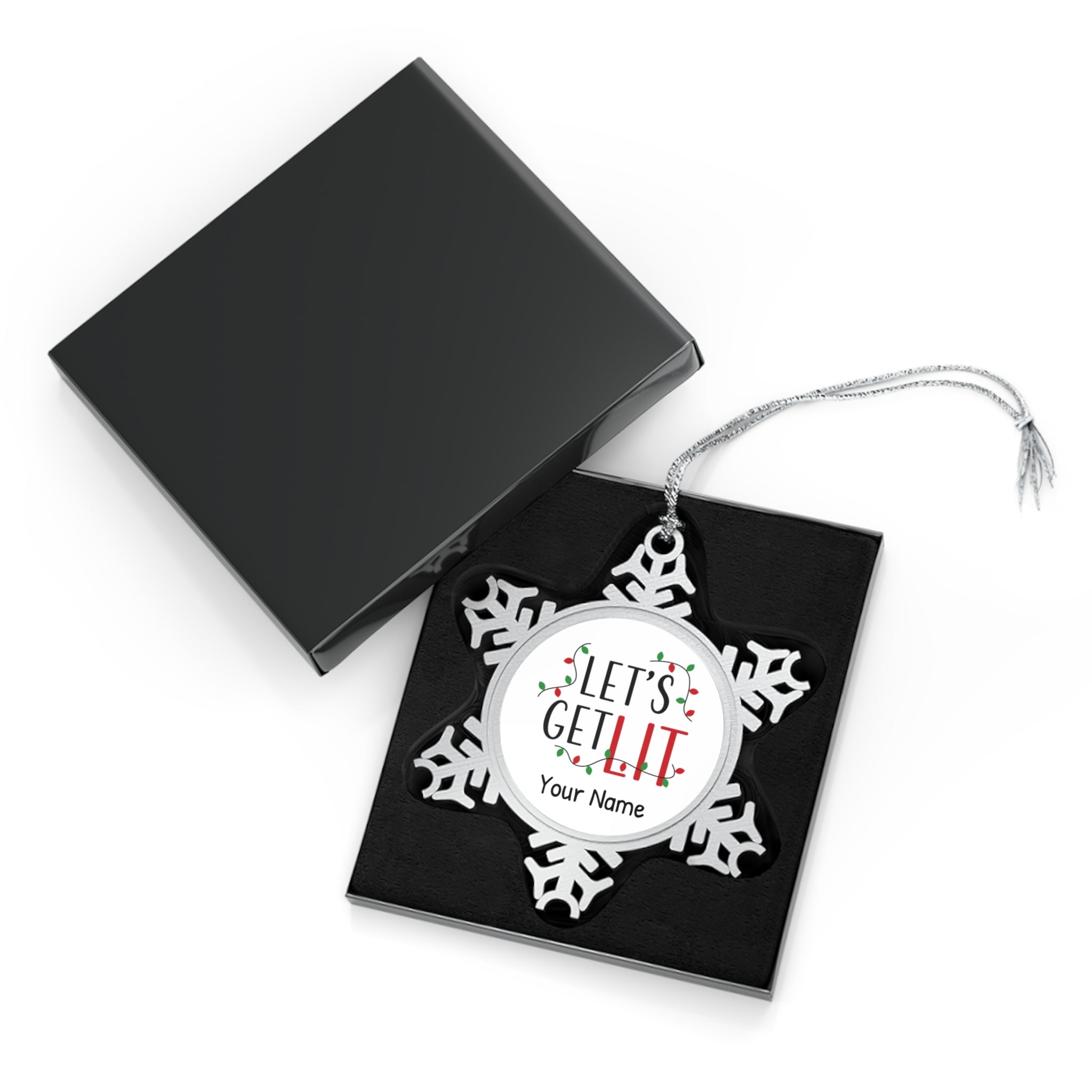 Personalised - Let's Get Lit, Christmas Lights - Christmas Pewter Snowflake Ornament