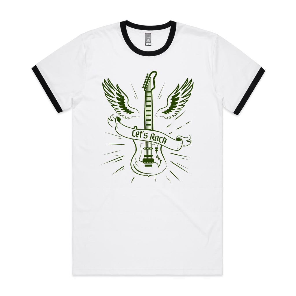 Let's Rock, Guitar - Staple Ringer Tee White Black Ringer T-Shirt Music Printed In Australia