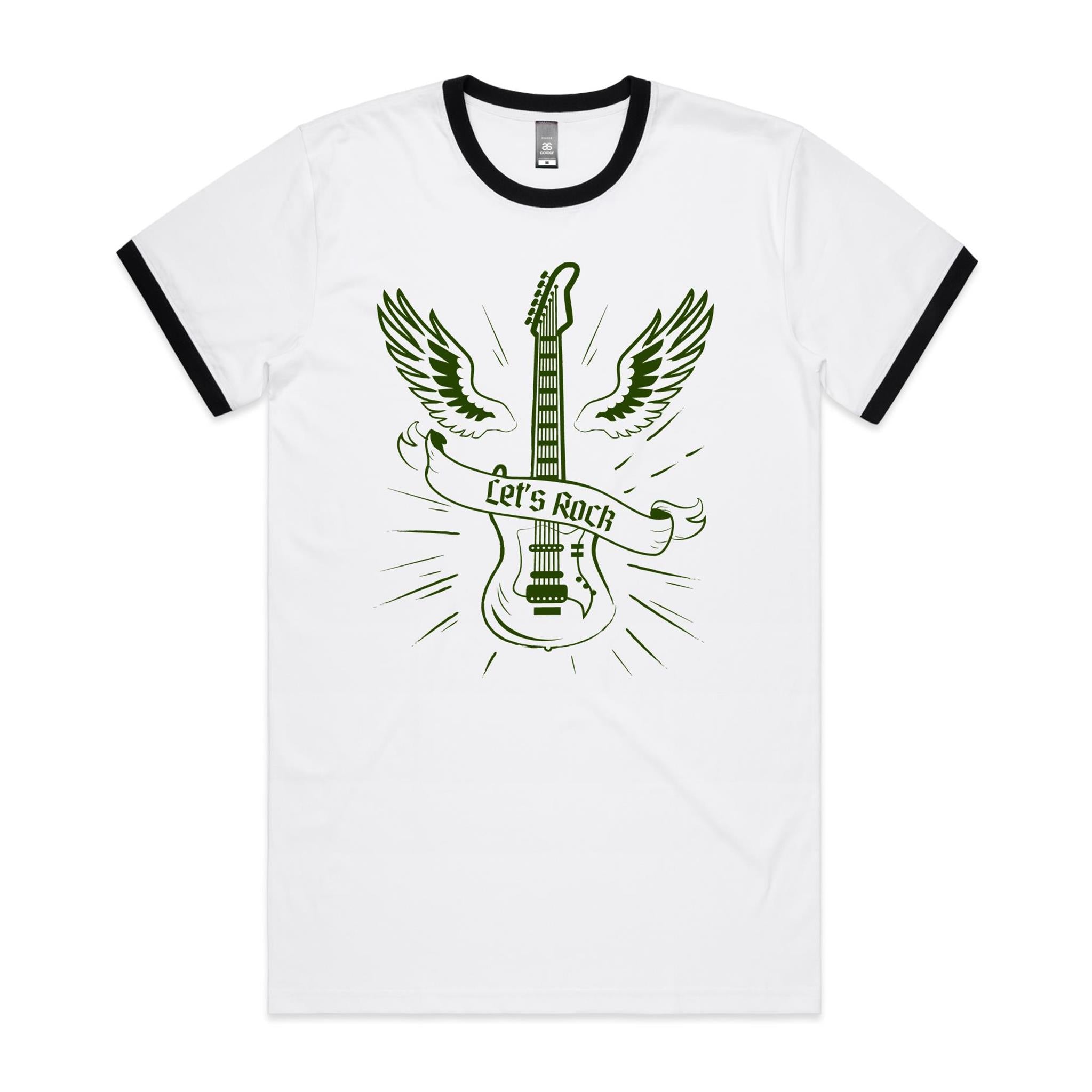 Let's Rock, Guitar - Staple Ringer Tee White Black Ringer T-Shirt Music Printed In Australia