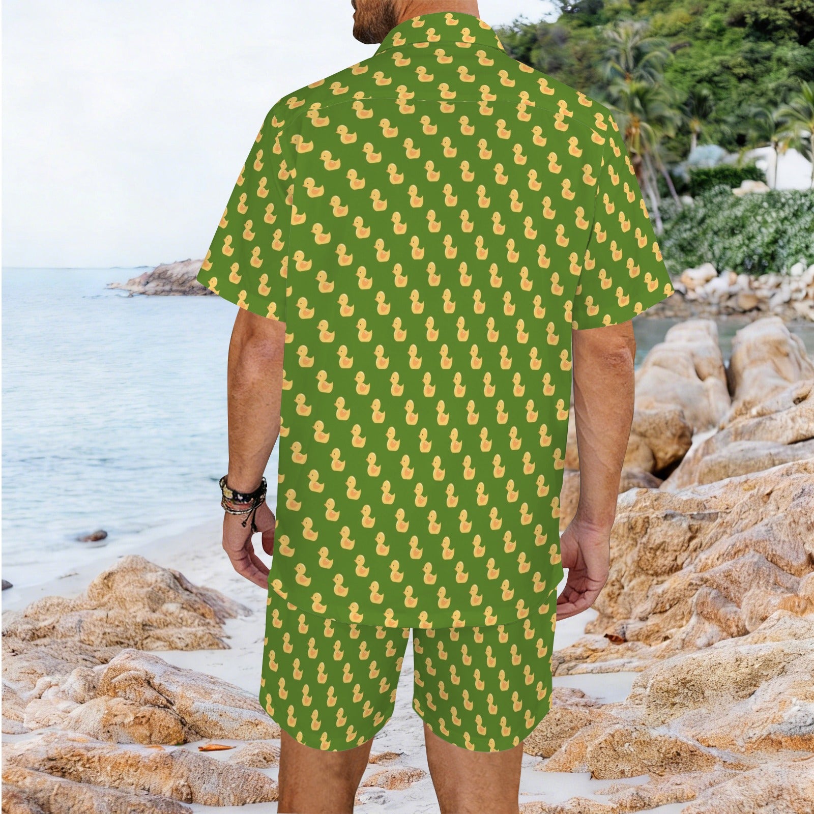 Rubber Ducks On Green Men's Hawaiian Shirt & Shorts Set