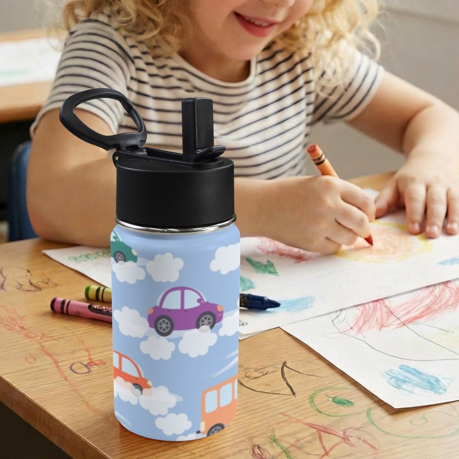 Colourful Cars 12oz Kids Water Bottle with Straw Lid