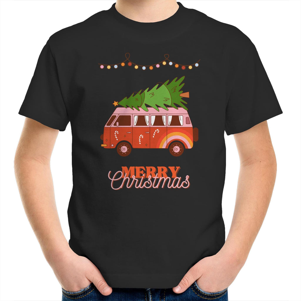 Merry Christmas Hippy Van - Kids Youth T-Shirt Black Kids Christmas T-shirt Christmas Printed In Australia