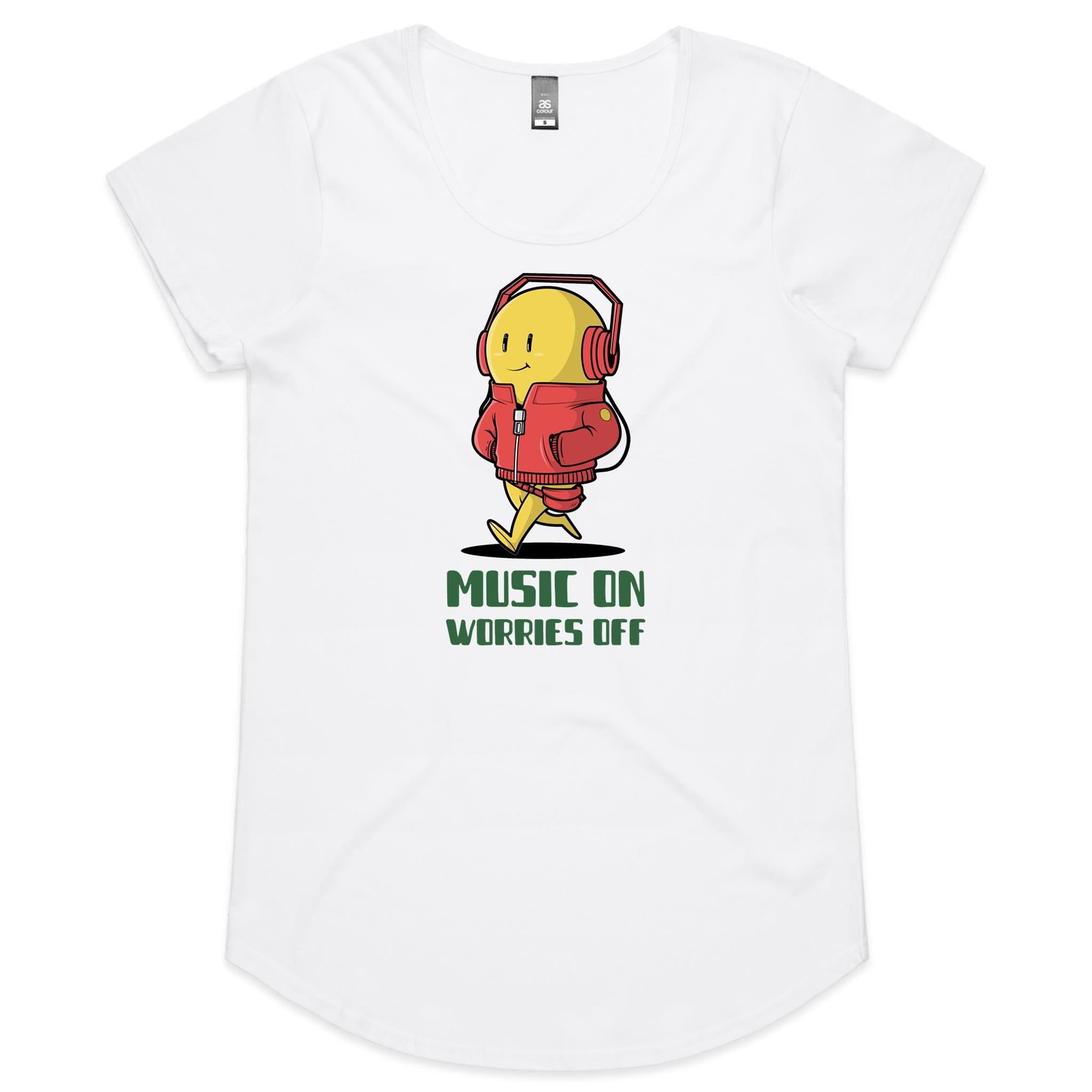 Music On, Worries Off - Womens Scoop Neck T-Shirt White Womens Scoop Neck T-shirt Music Printed In Australia
