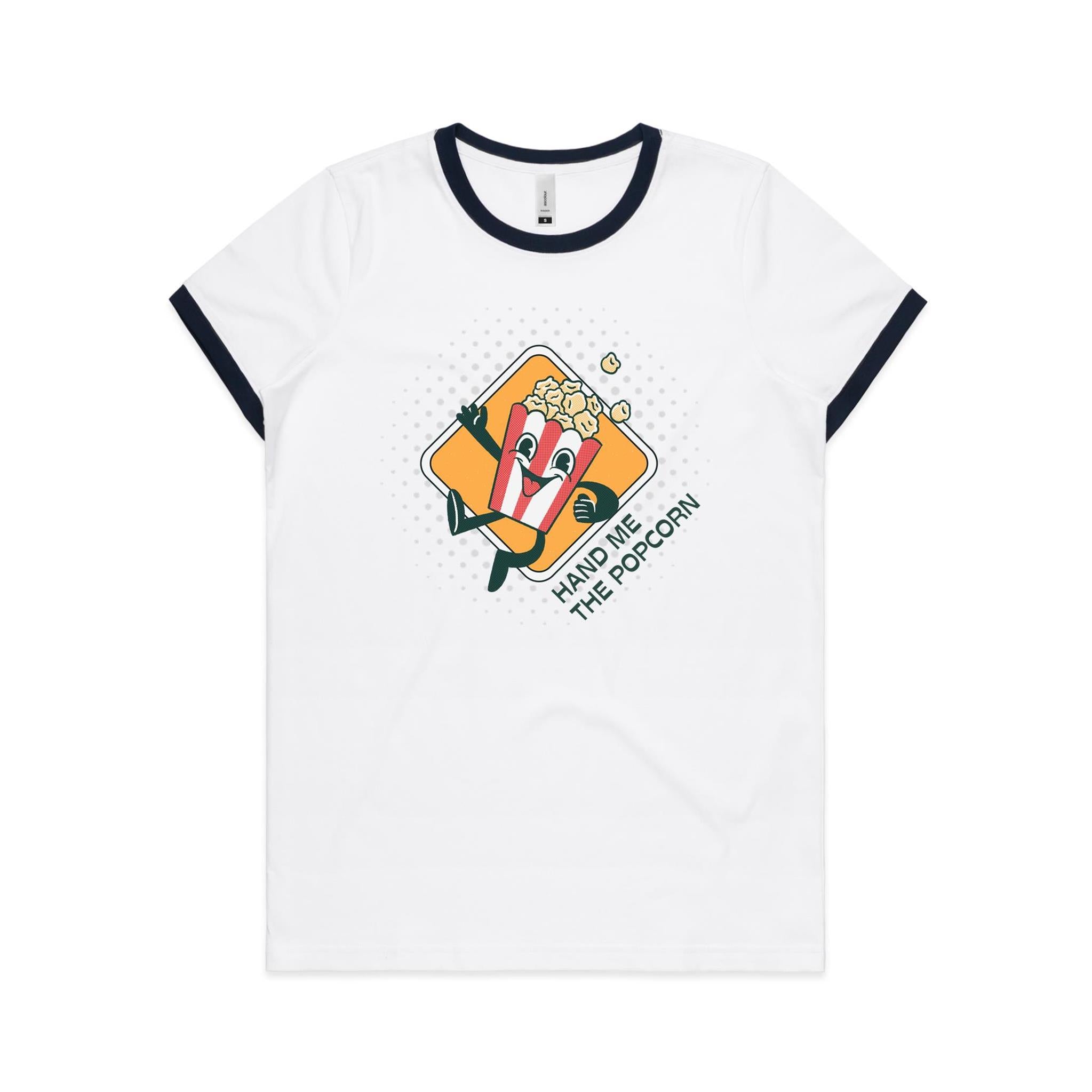 Hand Me The Popcorn - Women's Ringer Tee White Navy Womens Ringer T-shirt Food Printed In Australia
