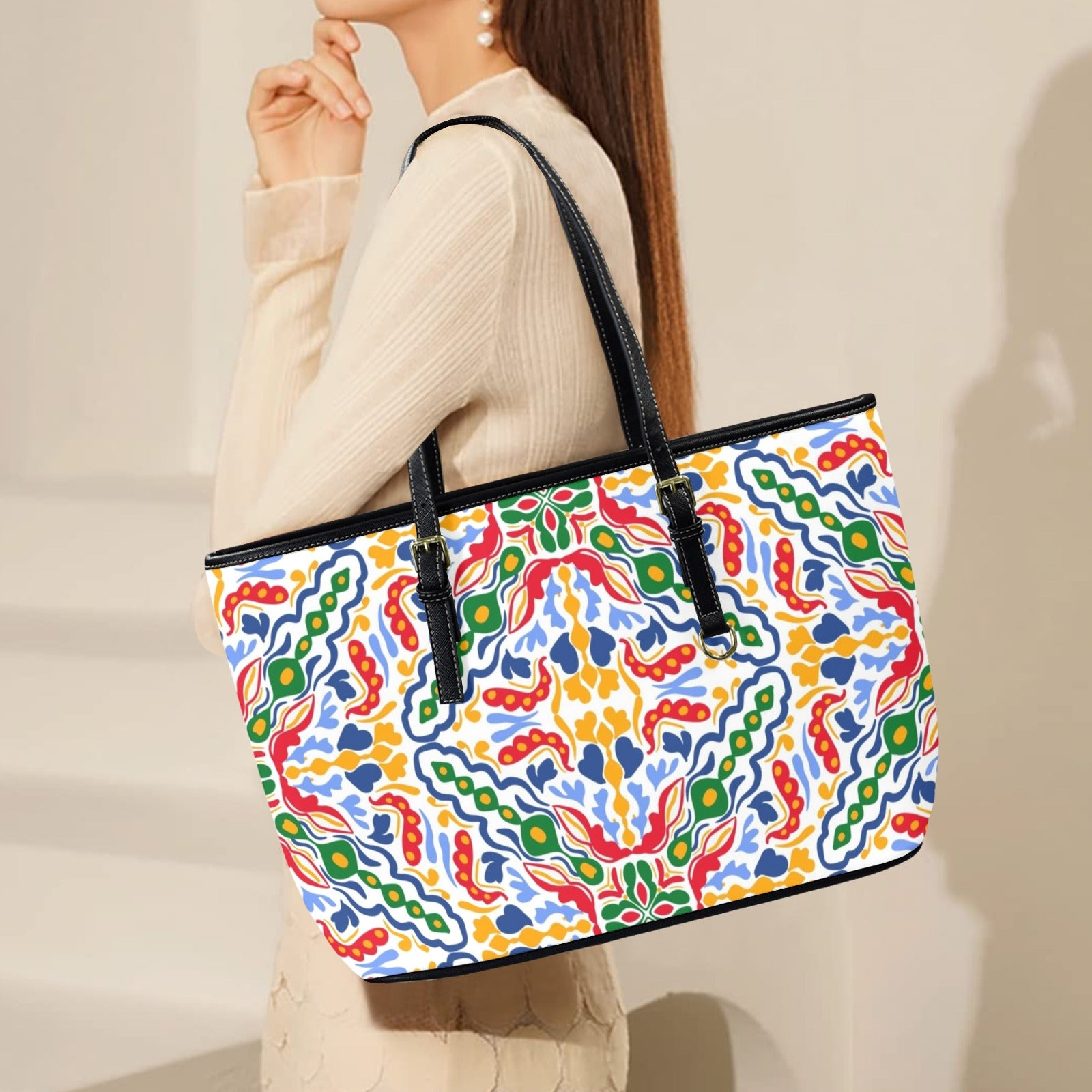 Bright Burst - Leather Tote Bag-Large