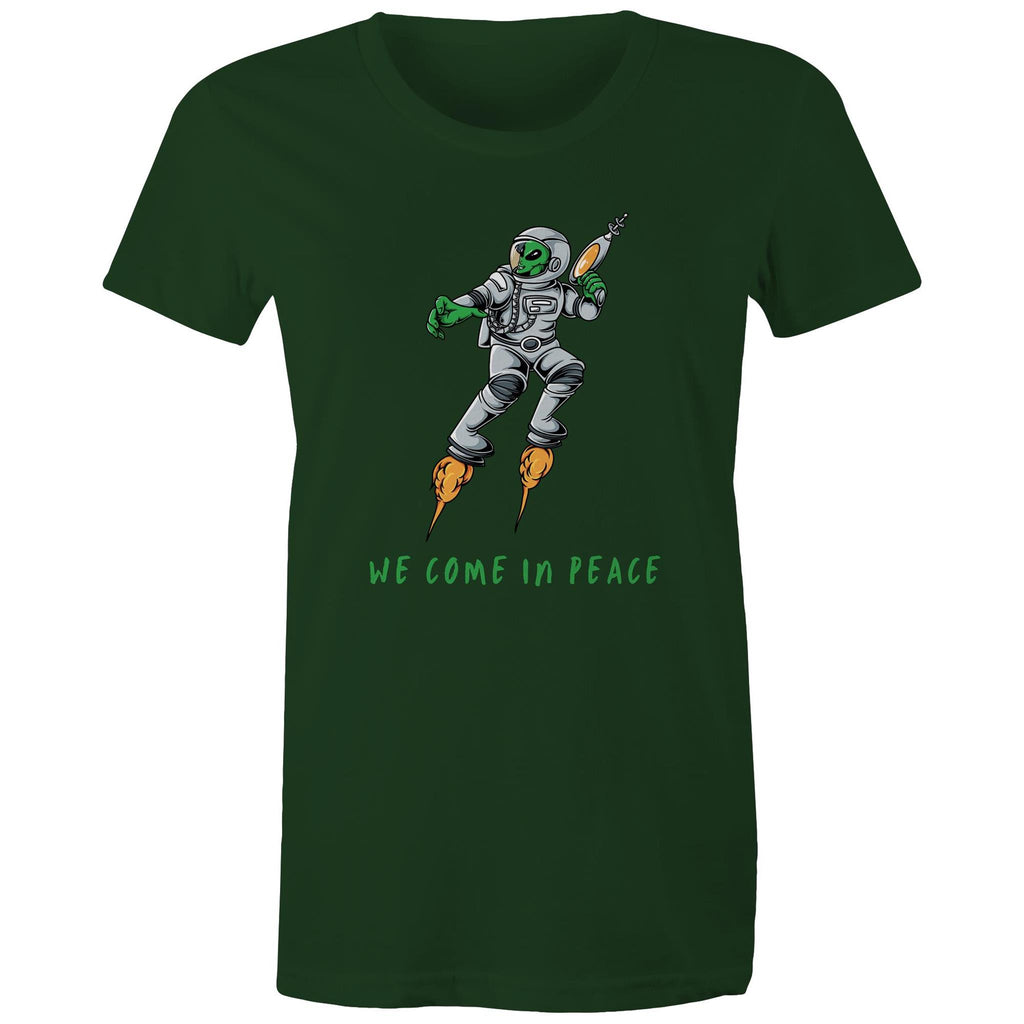 Alien Invasion, We Come In Peace - Womens T-shirt Forest Green Womens T-shirt Printed In Australia Sci Fi