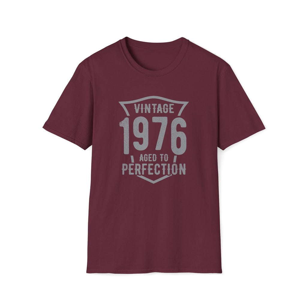 Turning 50, Vintage 1976, Aged To Perfection Unisex Softstyle T-Shirt Maroon Unisex Adult T-shirt Australian Printer Birthday