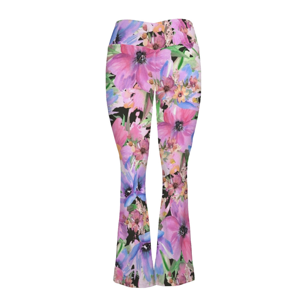 Bright Pink Floral High Waist Crossover Tummy Control Flare Leggings High Waist Flare Leggings Plants Printed Offshore