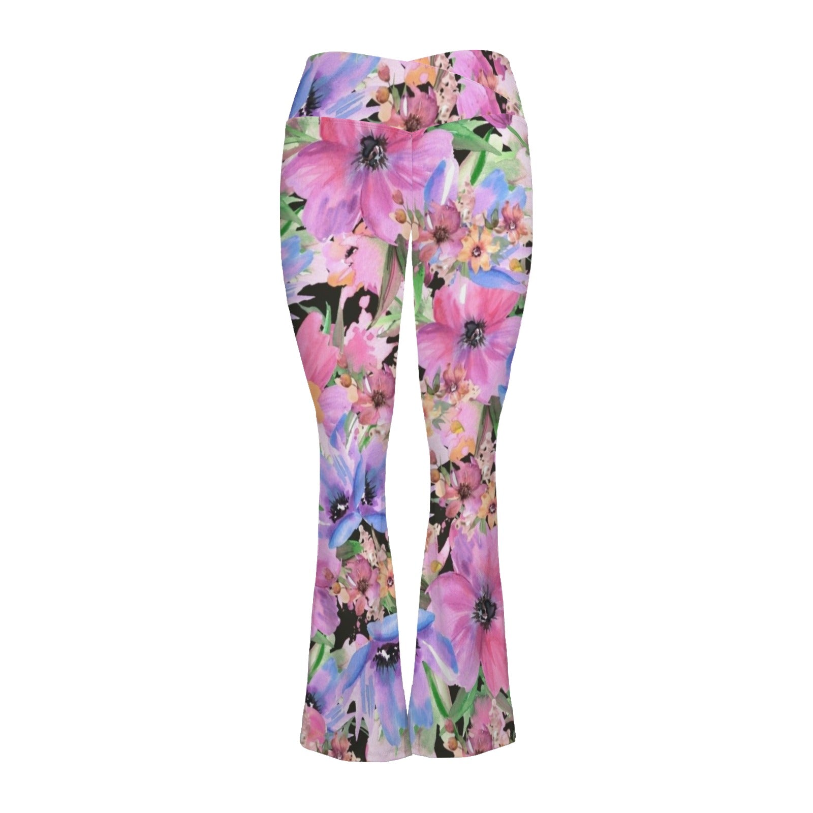 Bright Pink Floral High Waist Crossover Tummy Control Flare Leggings High Waist Flare Leggings Plants Printed Offshore
