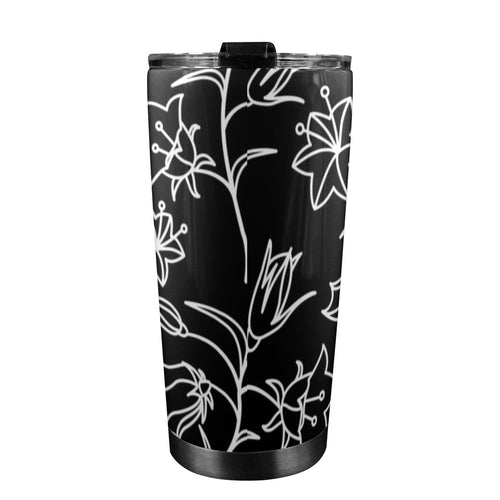 Black And White Floral - 20oz Mobile Tumbler with Lid (Black Lock) 20oz Travel Mug Plants Printed Offshore