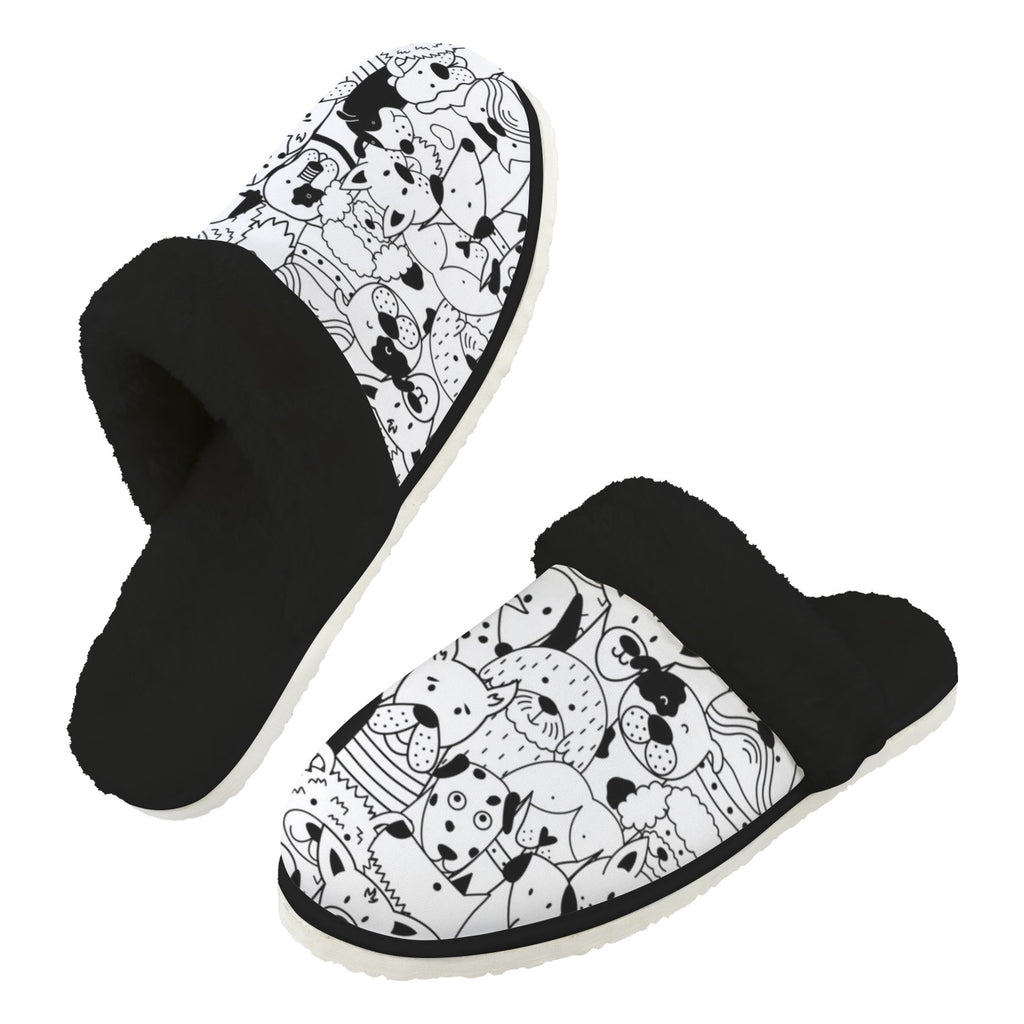 Black And White Dogs Men's Fur Trim Thick-Sole Indoor Slippers 2XL Men's Fur Trimmed Slippers animal Printed Offshore