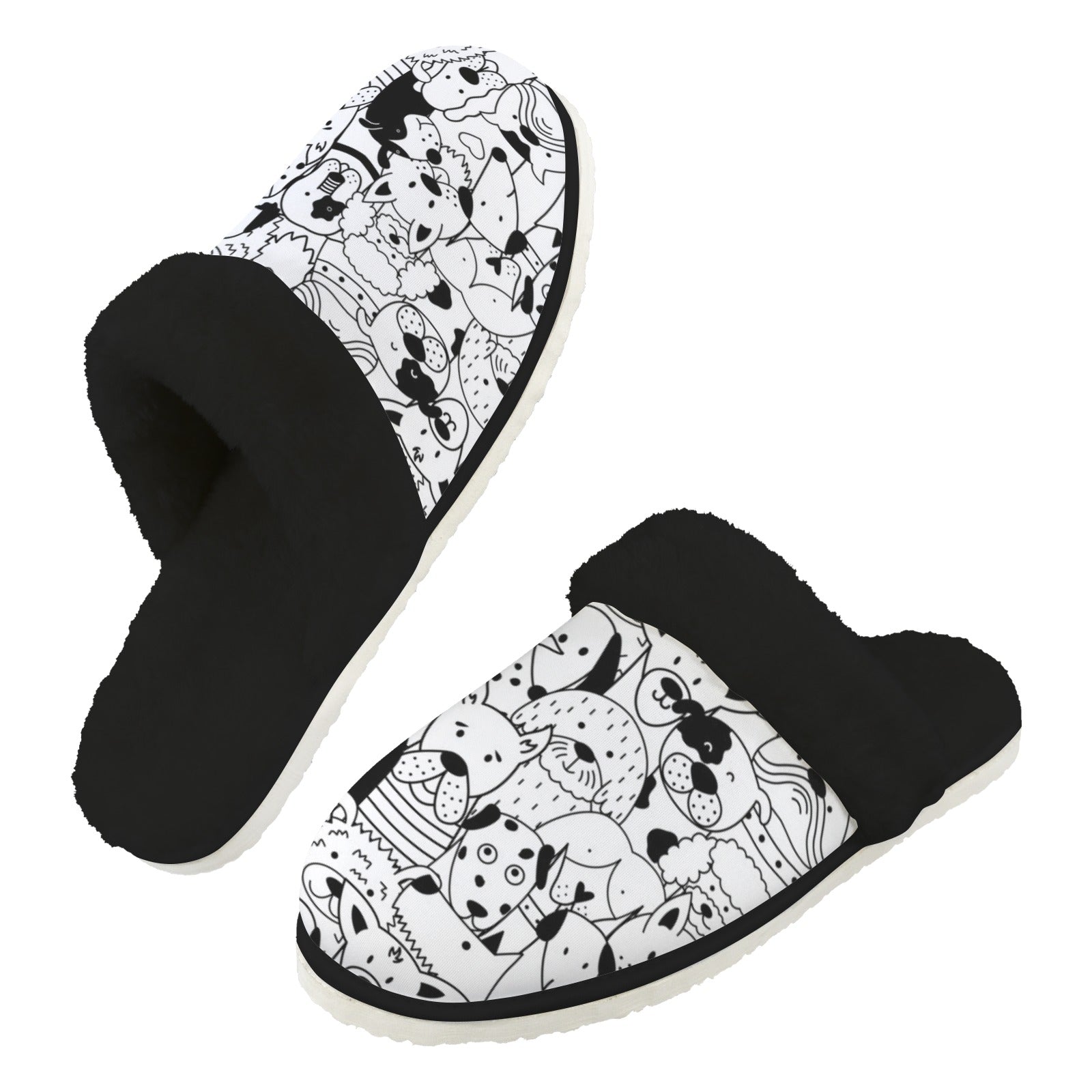 Black And White Dogs Men's Fur Trim Thick-Sole Indoor Slippers 2XL Men's Fur Trimmed Slippers animal Printed Offshore