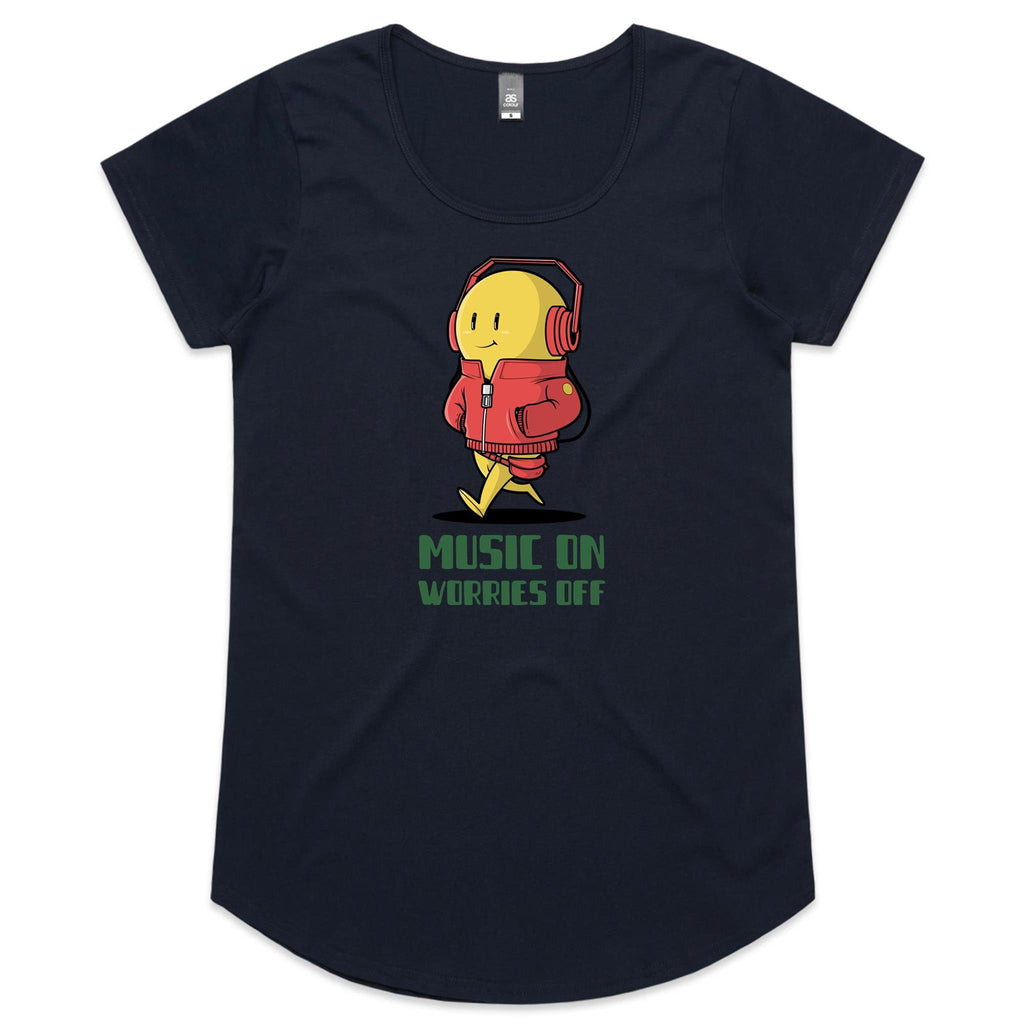 Music On, Worries Off - Womens Scoop Neck T-Shirt Navy Womens Scoop Neck T-shirt Music Printed In Australia