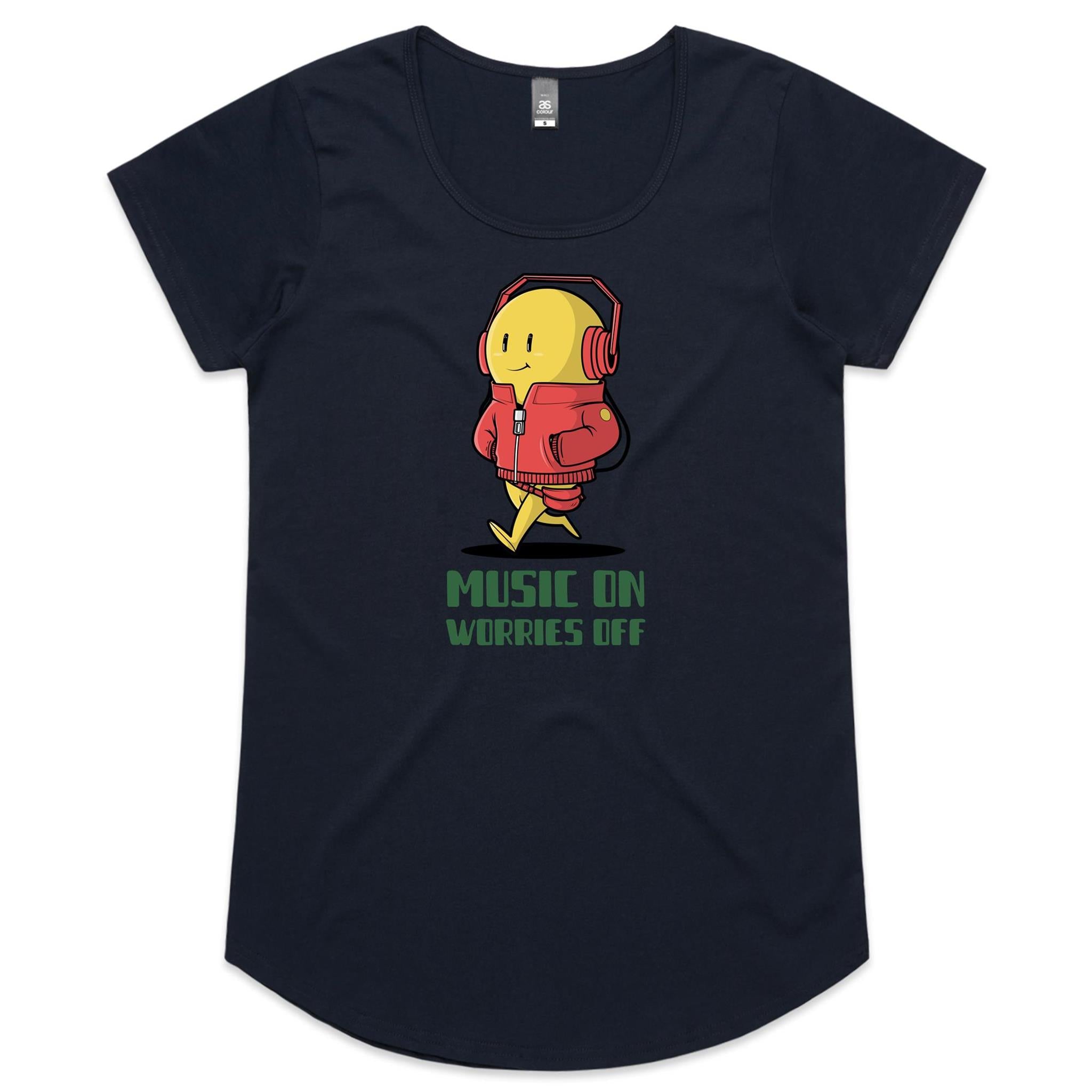 Music On, Worries Off - Womens Scoop Neck T-Shirt Navy Womens Scoop Neck T-shirt Music Printed In Australia