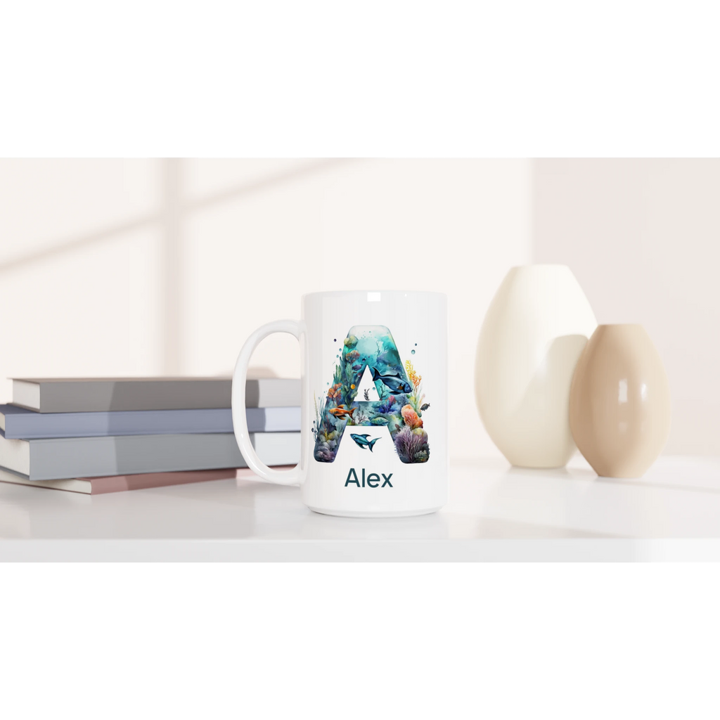 Personalise - Coral Sea Initial - White 15oz Ceramic Mug Personalised 15oz Mug animal customise Globally Fulfilled Initial Name personalise