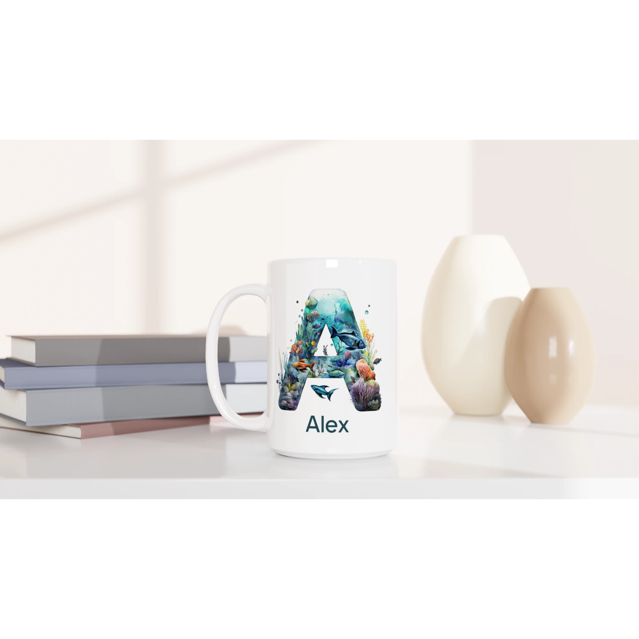 Personalise - Coral Sea Initial - White 15oz Ceramic Mug Personalised 15oz Mug animal customise Globally Fulfilled Initial Name personalise