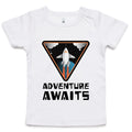 Adventure Awaits, Rocket AS Colour Baby T-shirt White Baby T-shirt Printed In Australia Space