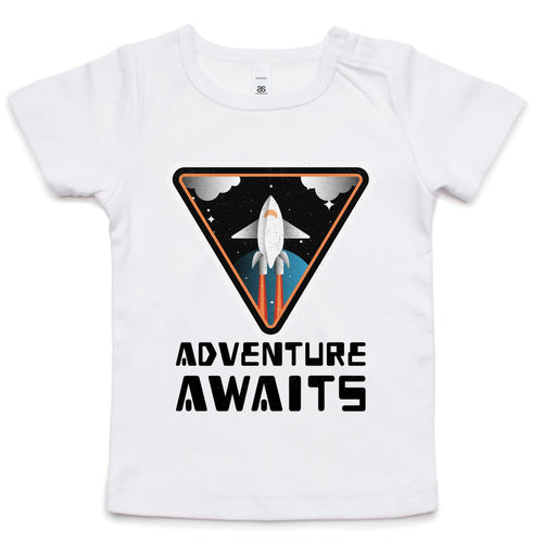 Adventure Awaits, Rocket - Baby T-shirt White Baby T-shirt Printed In Australia Space