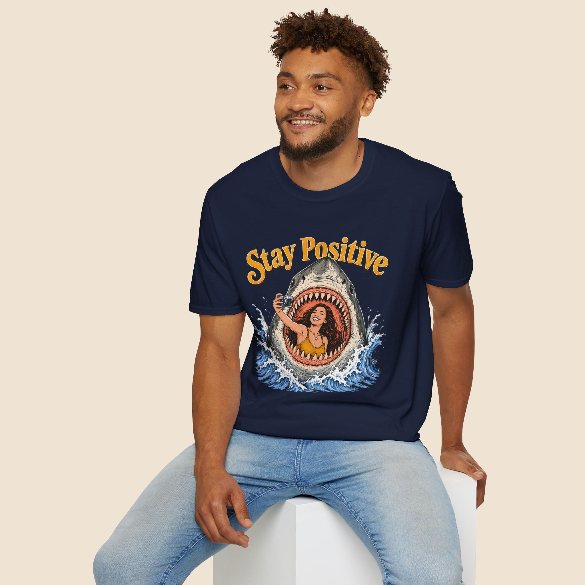 Stay Positive Shark Selfie Unisex T-Shirt Navy Unisex Adult T-shirt Globally Fulfilled Ocean Retro
