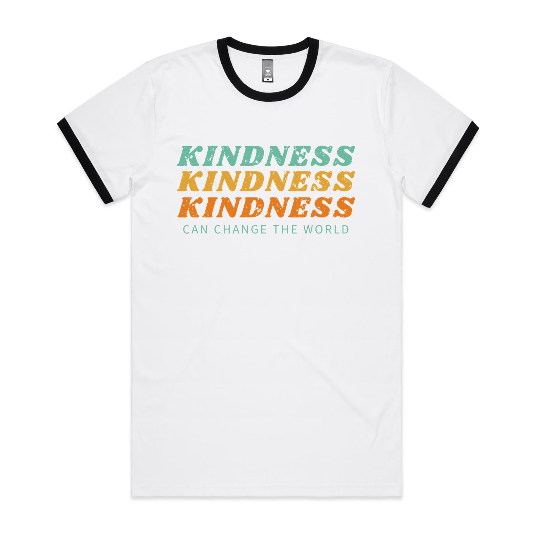 Kindness Can Change The World - Staple Ringer Tee White Black Ringer T-Shirt Kindness Printed In Australia
