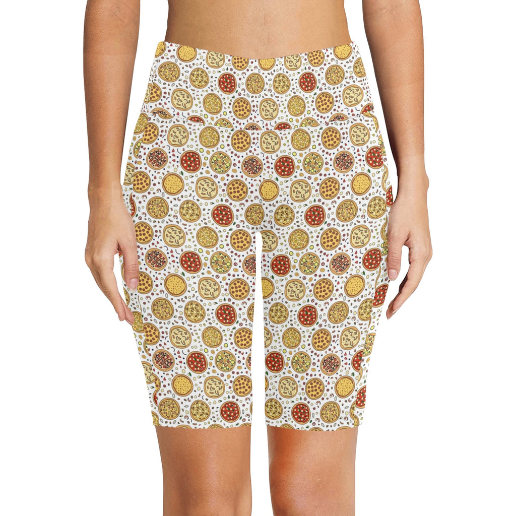 Round Pizzas On White Women's Bike Shorts With Side Pockets