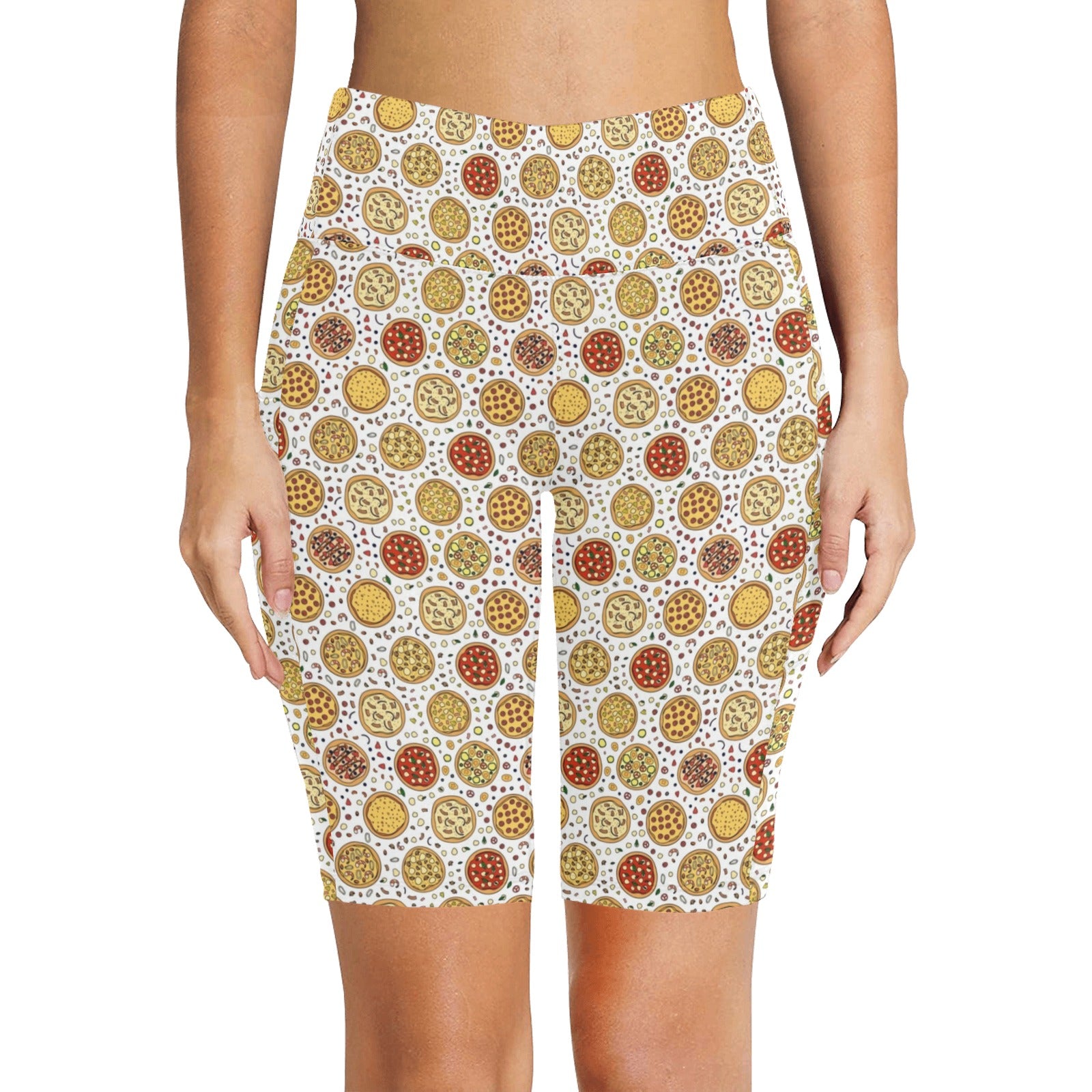 Round Pizzas On White Women's Bike Shorts With Side Pockets