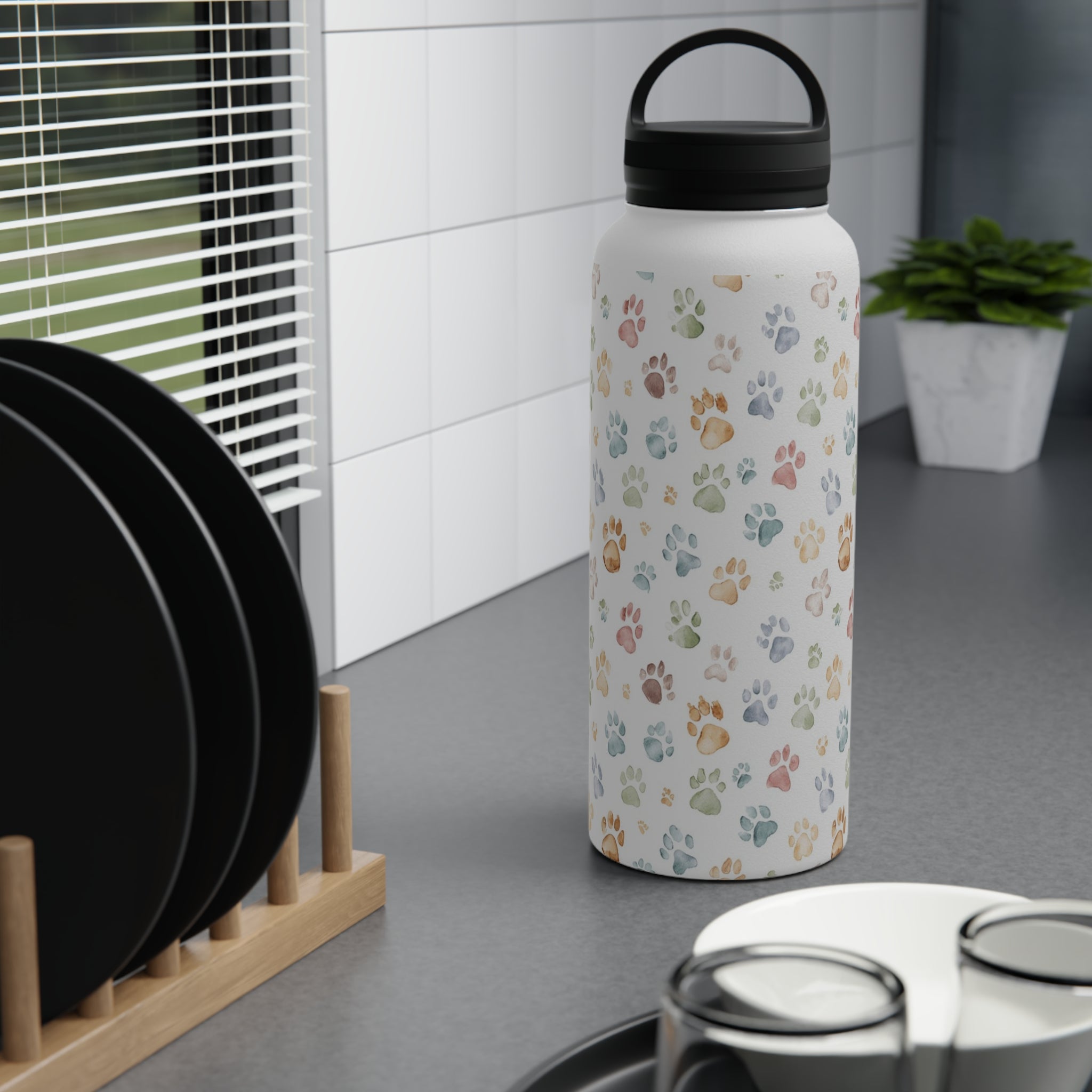 Paw Print Stainless Steel Water Bottle, Handle Lid Stainless Steel Water Bottle With Handle Lid animal Globally Fulfilled