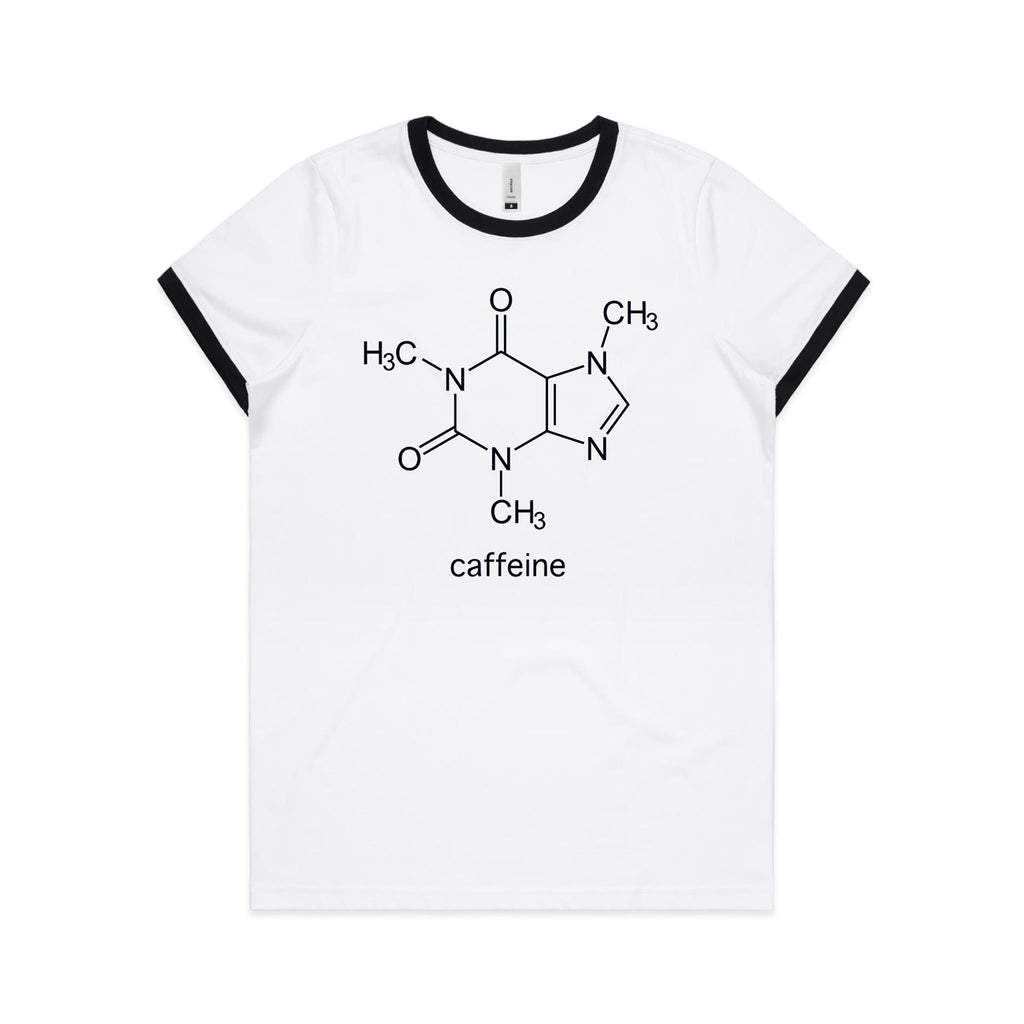 Caffeine Molecule - Women's Ringer Tee White Black Womens Ringer T-shirt Coffee Printed In Australia Science