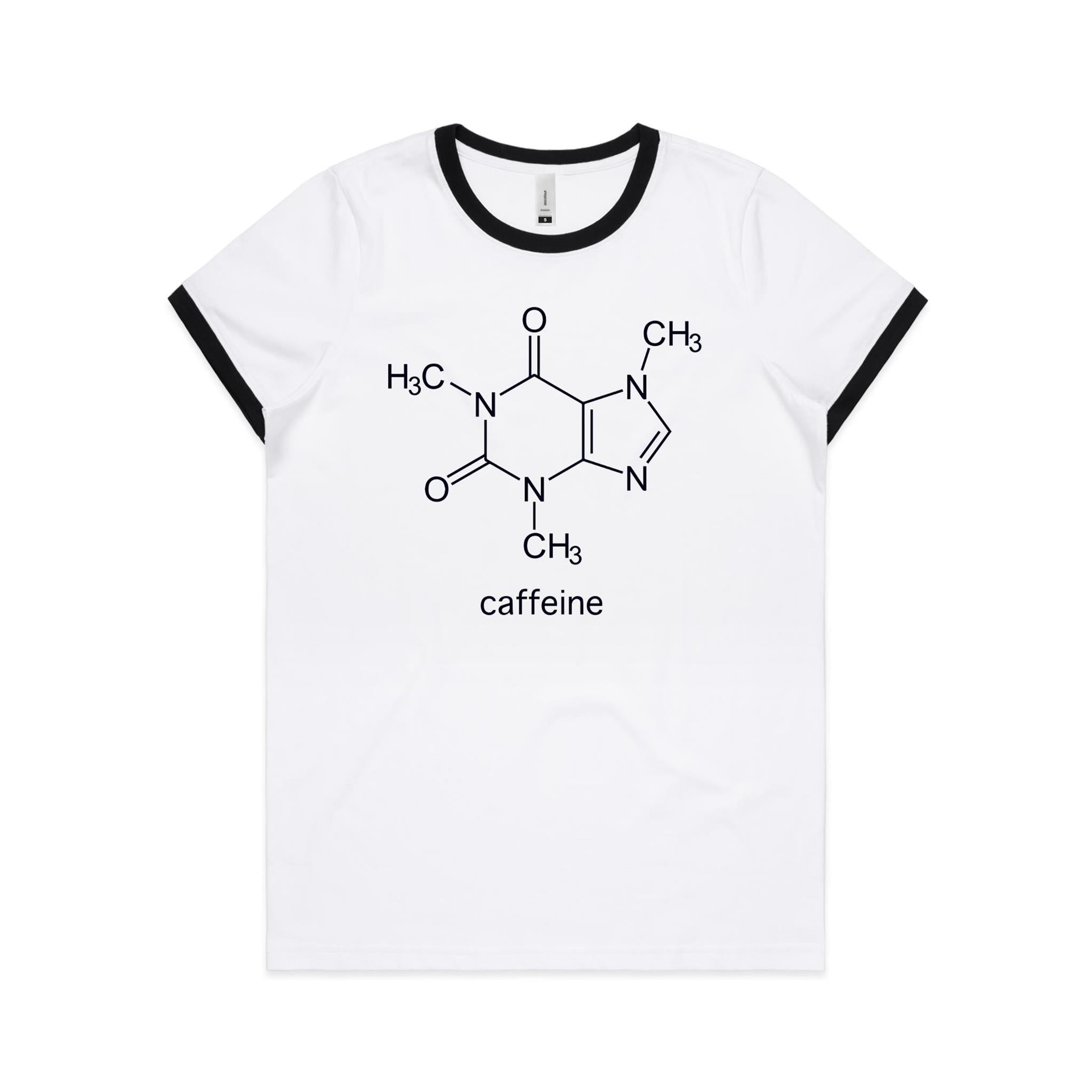 Caffeine Molecule - Women's Ringer Tee White Black Womens Ringer T-shirt Coffee Printed In Australia Science