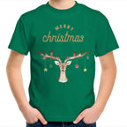 Merry Christmas Reindeer - Kids Youth T-Shirt Kelly Green Kids Christmas T-shirt Christmas Printed In Australia