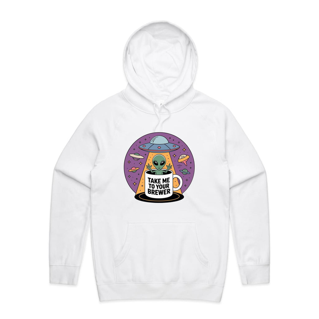 Coffee, Alien, UFO, Take Me To Your Brewer Men's AS Colour Hoodie White Mens Hoodie Coffee Printed In Australia Sci Fi