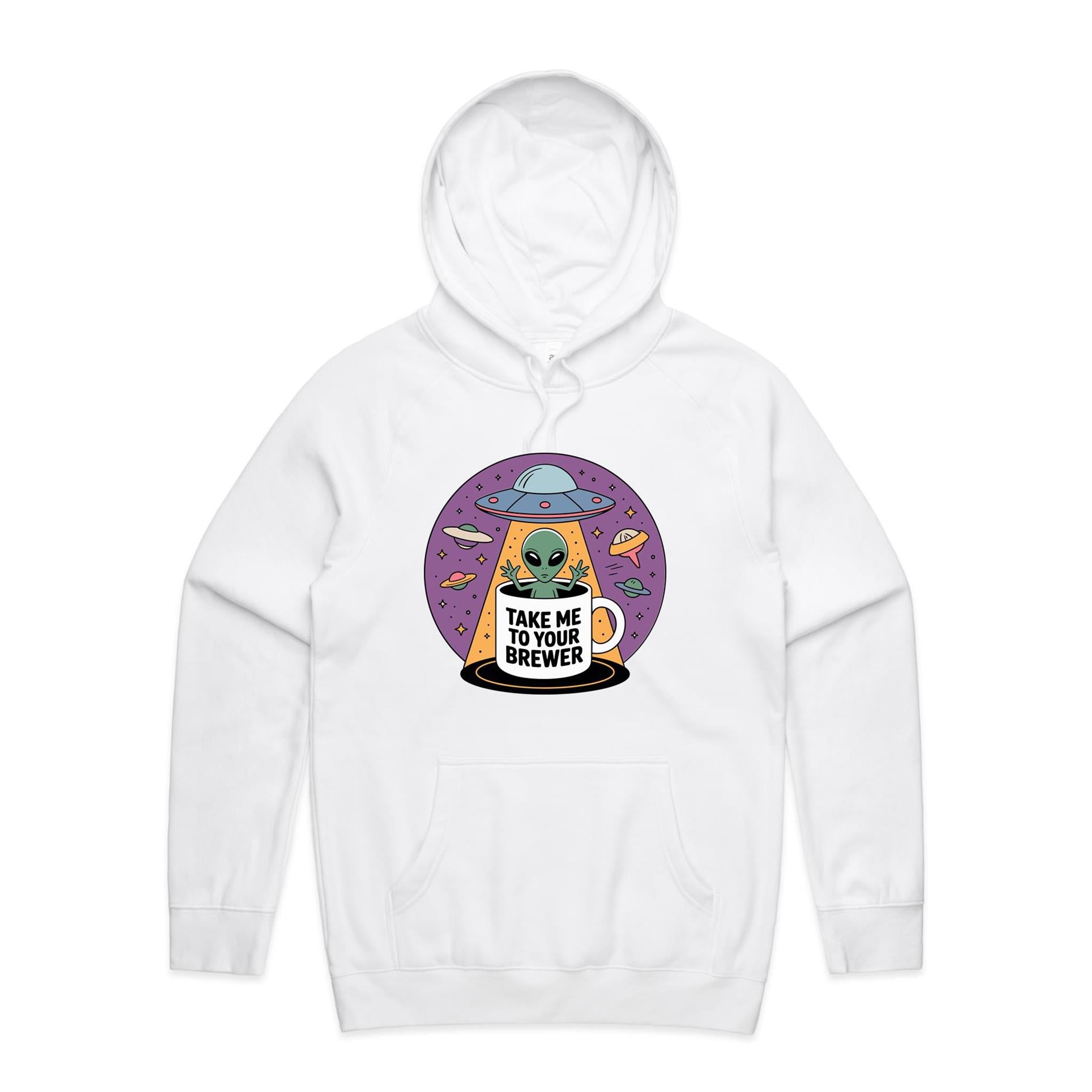 Coffee, Alien, UFO, Take Me To Your Brewer Men's AS Colour Hoodie White Mens Hoodie Coffee Printed In Australia Sci Fi