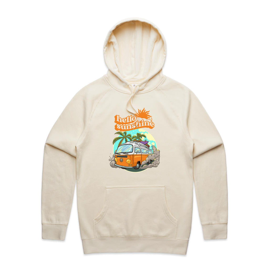 Hello Sunshine, Beach Van - Mens Hoodie Ecru Mens Hoodie Printed In Australia Summer