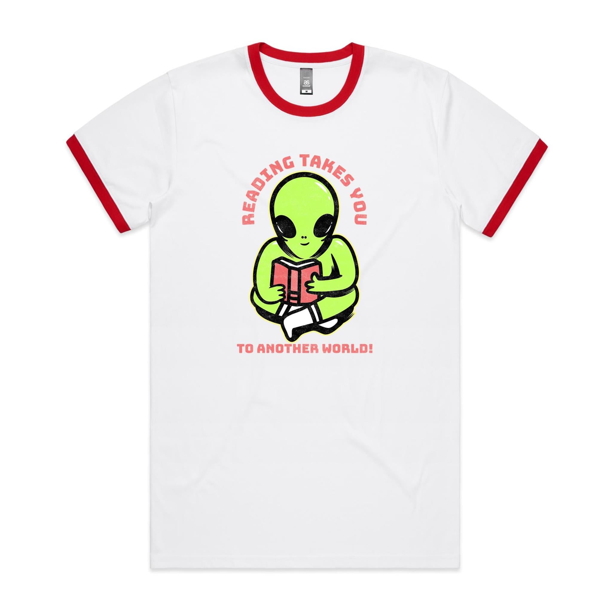 Reading Takes You To Another World, Alien - Staple Ringer Tee White Red Ringer T-Shirt Printed In Australia Reading Sci Fi