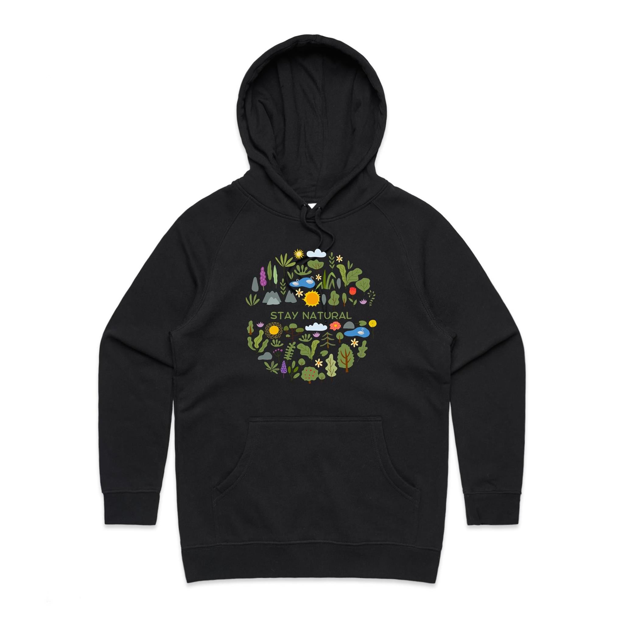 Stay Natural - Womens Hoodie Black Womens Hoodie Plants Printed In Australia
