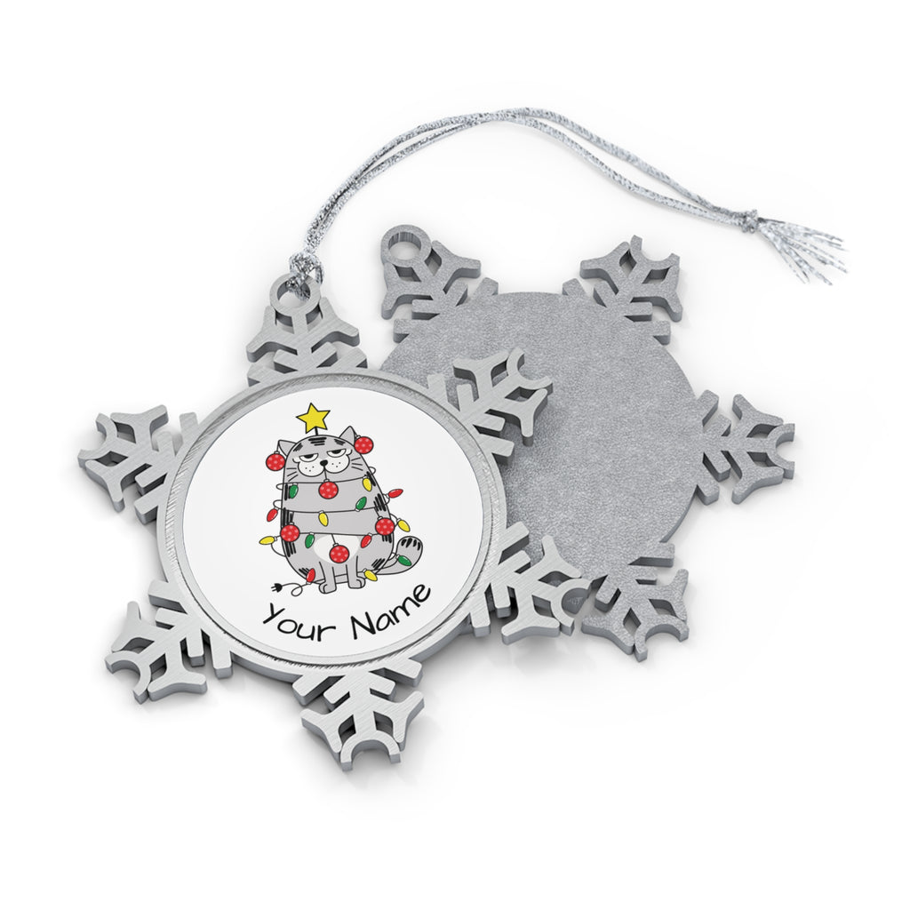 Personalised - Christmas Cat Tangled In Lights - Christmas Pewter Snowflake Ornament