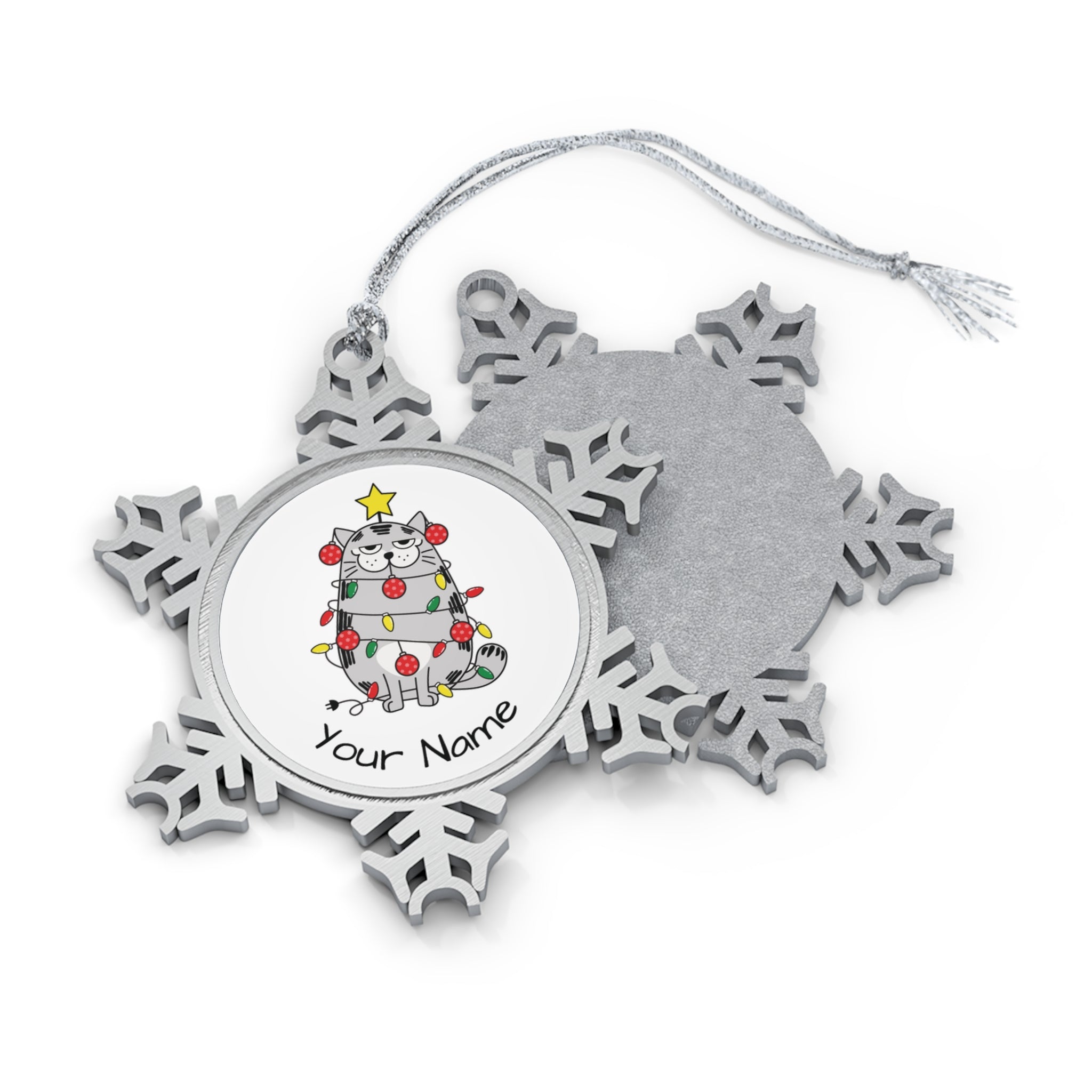 Personalised - Christmas Cat Tangled In Lights - Christmas Pewter Snowflake Ornament