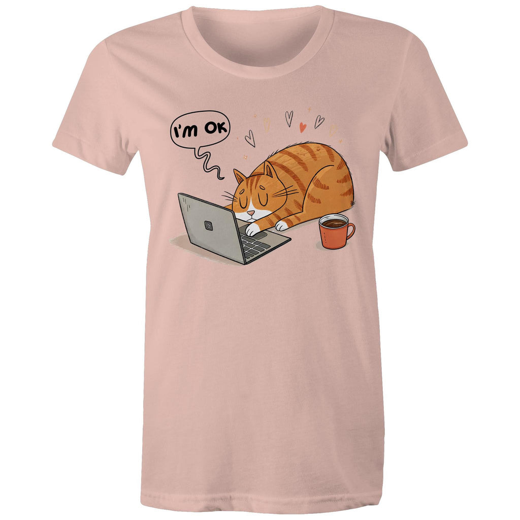 Cat Laptop, I'm OK - Womens T-shirt Pale Pink Womens T-shirt animal Printed In Australia