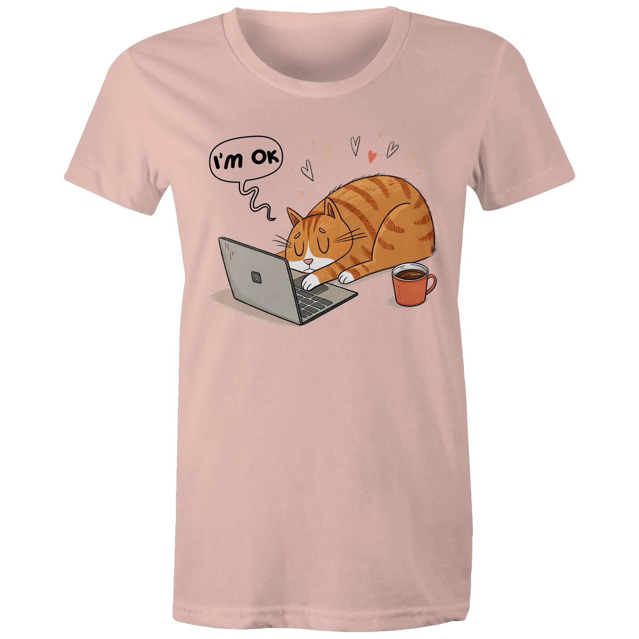 Cat Laptop, I'm OK - Womens T-shirt Pale Pink Womens T-shirt animal Printed In Australia