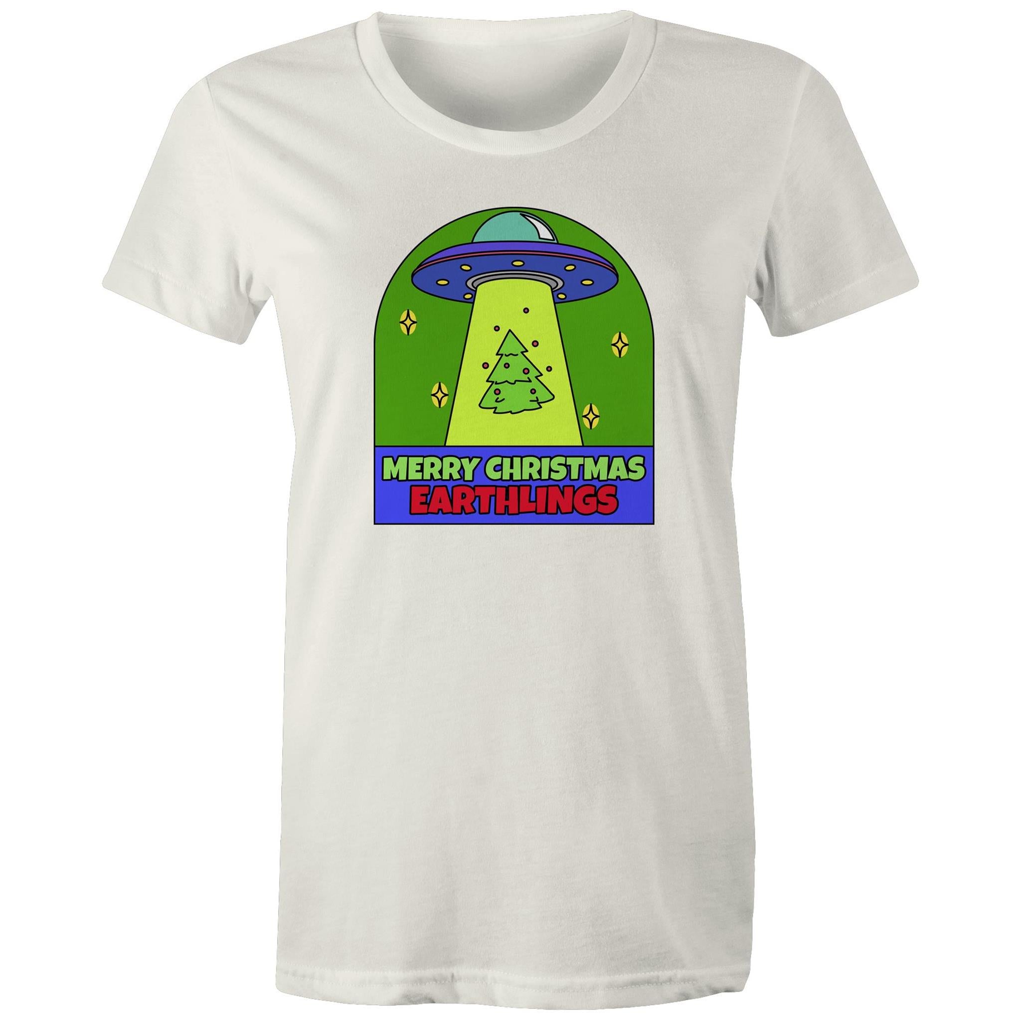 Merry Christmas Earthlings, UFO - Womens T-shirt Natural Womens Christmas T-shirt Christmas Printed In Australia