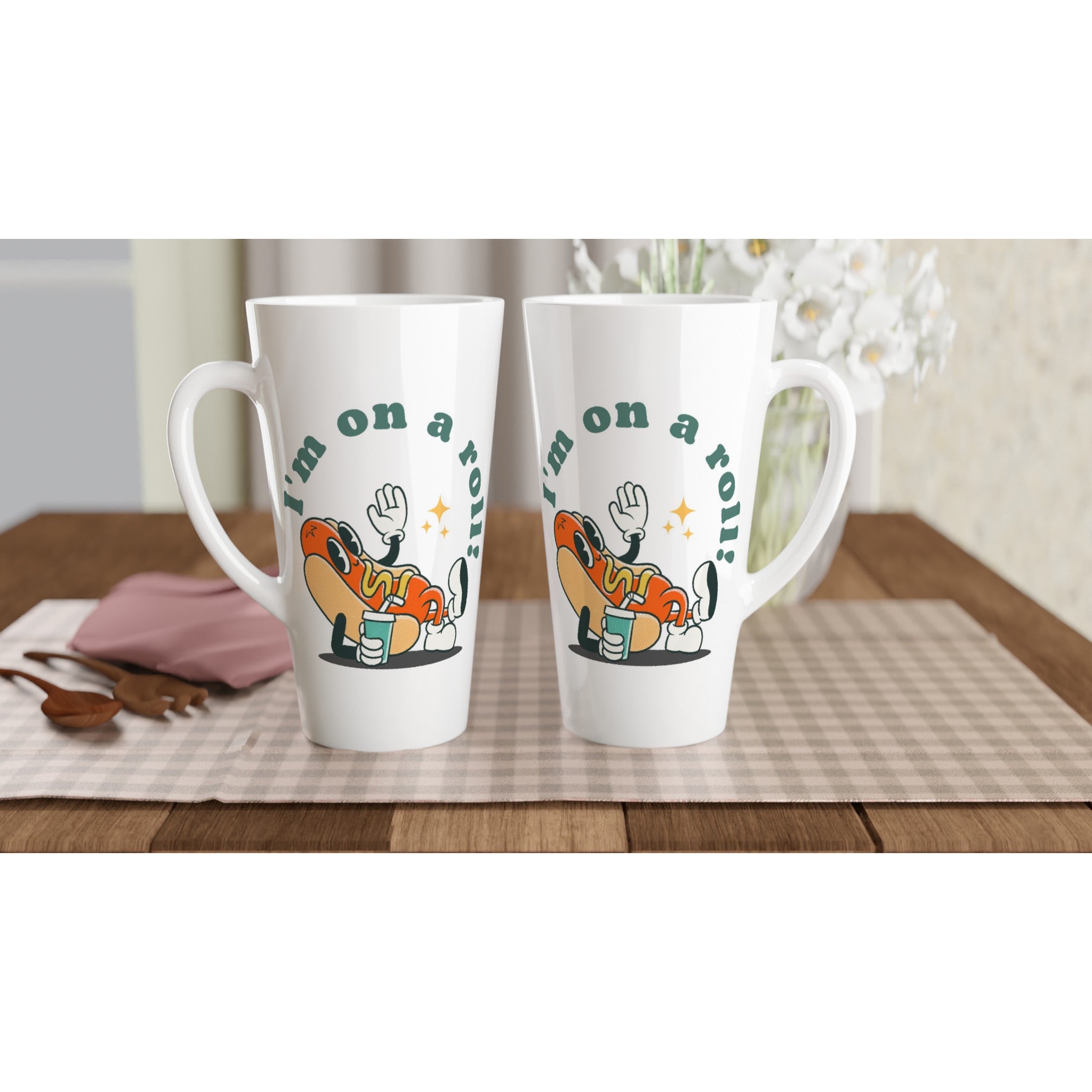 Hot Dog, I'm On A Roll - White Latte 17oz Ceramic Mug Latte Mug food Globally Fulfilled Retro