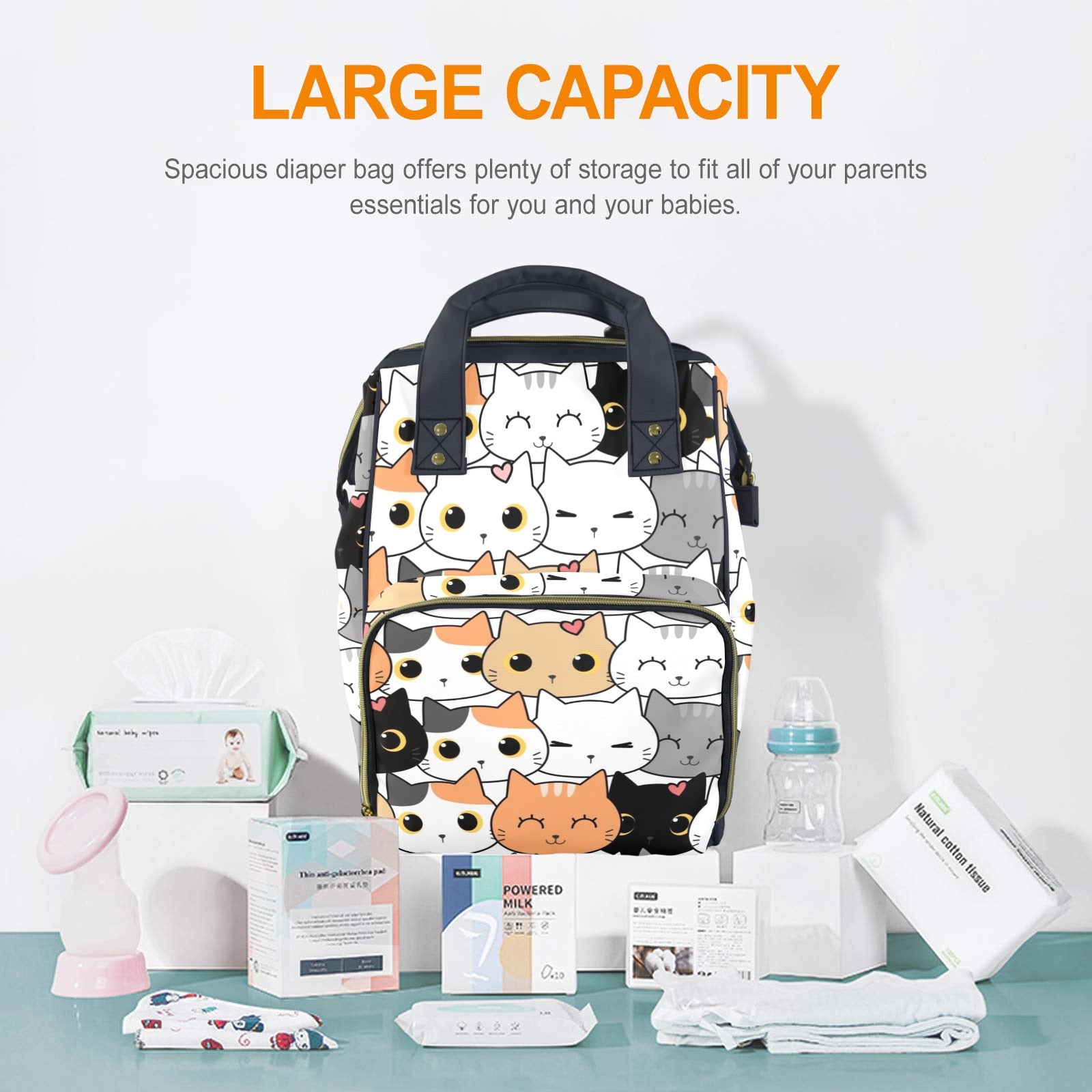 Cute Cartoon Cats - Multi-Function Backpack, Nappy / Diaper Bag